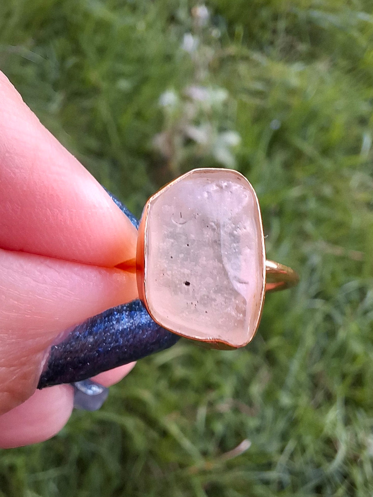 Libyan Desert Glass Ring, 14K GOLD Plated, size large O, Tektite (Ref: LR71)