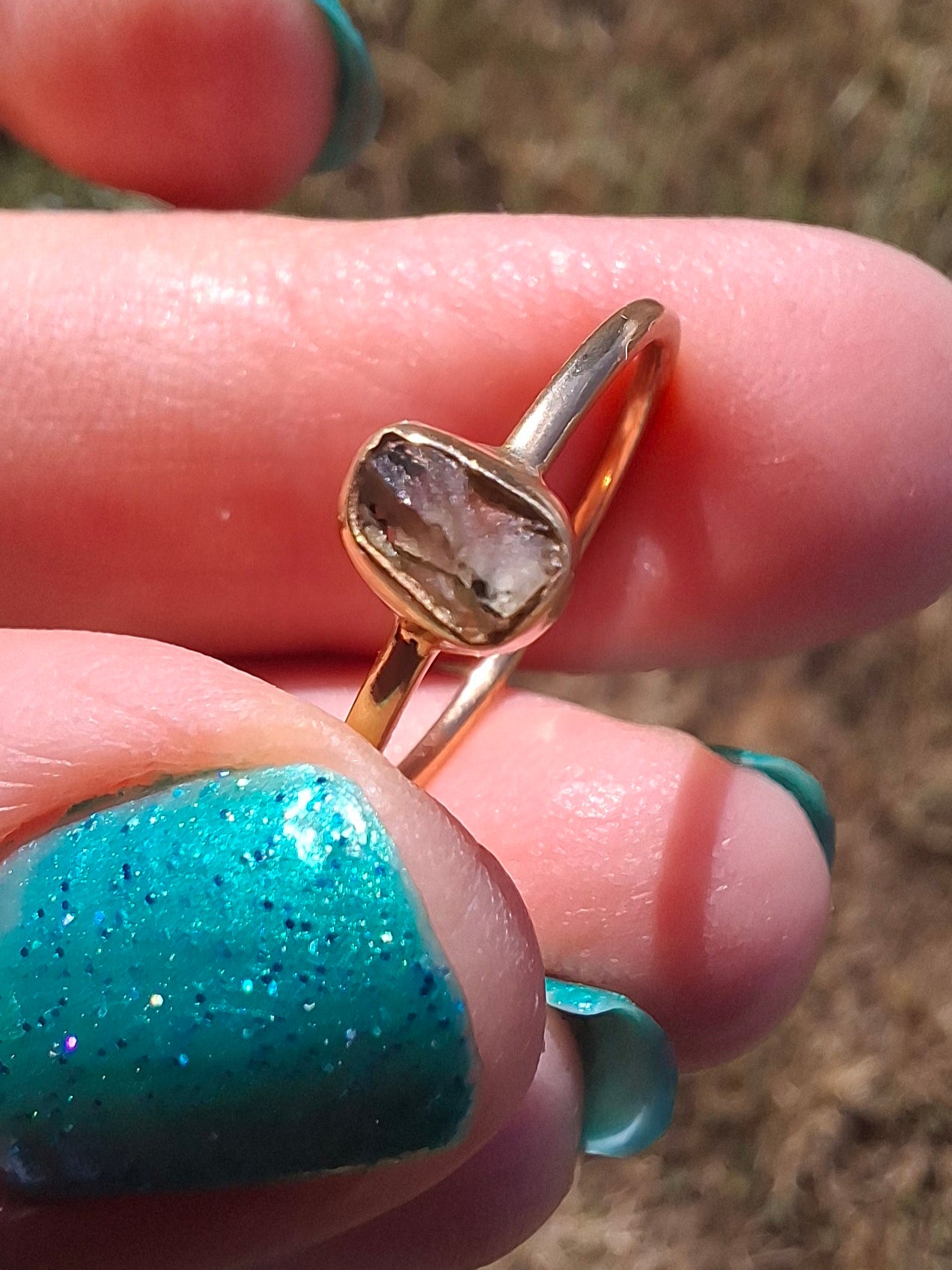 Moldavite Ring, 14K GOLD Plated, size large M, Tektite (Ref: R337)