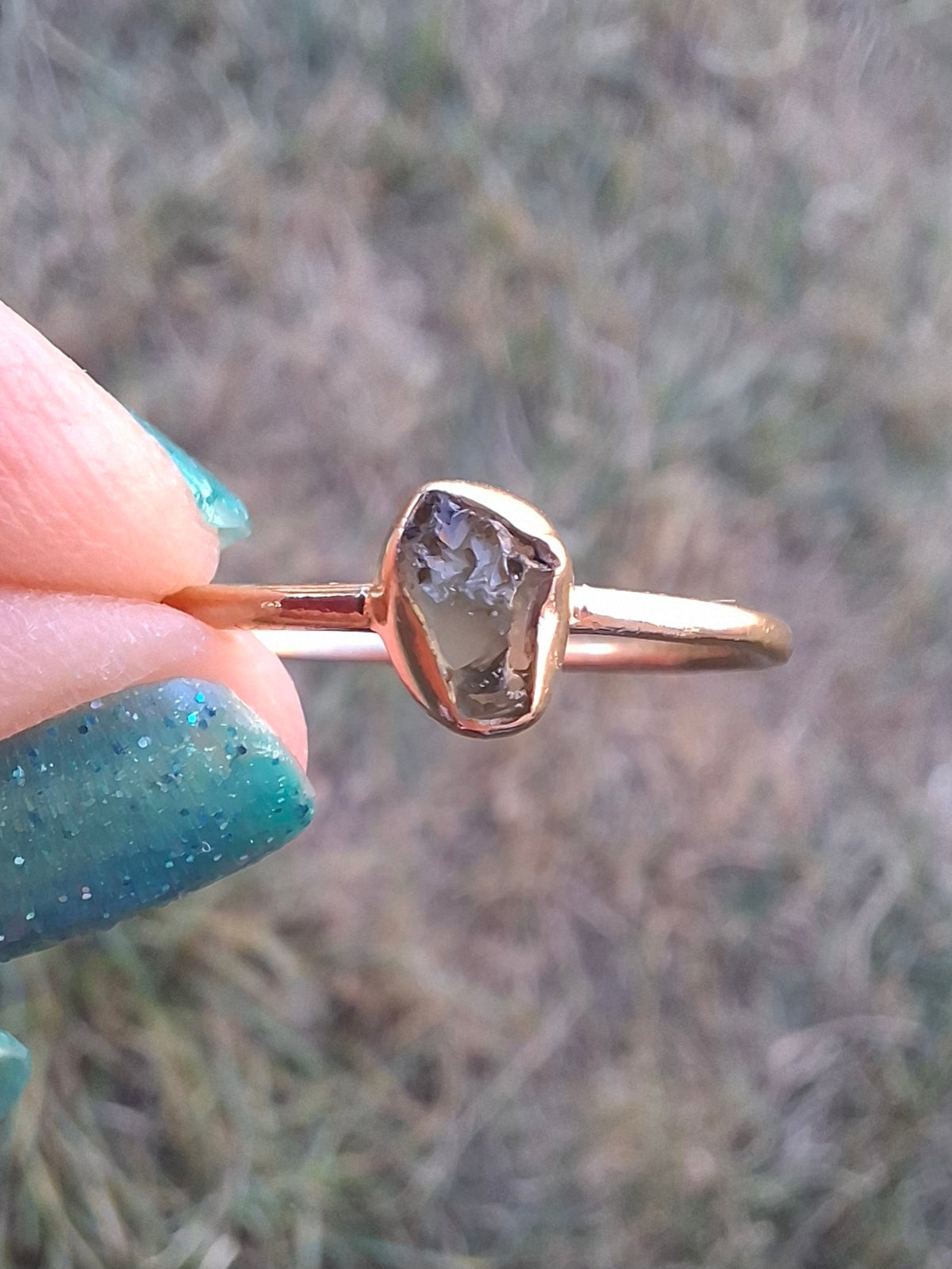 Moldavite Ring, 14K GOLD Plated, size large T, Tektite (Ref: R350)