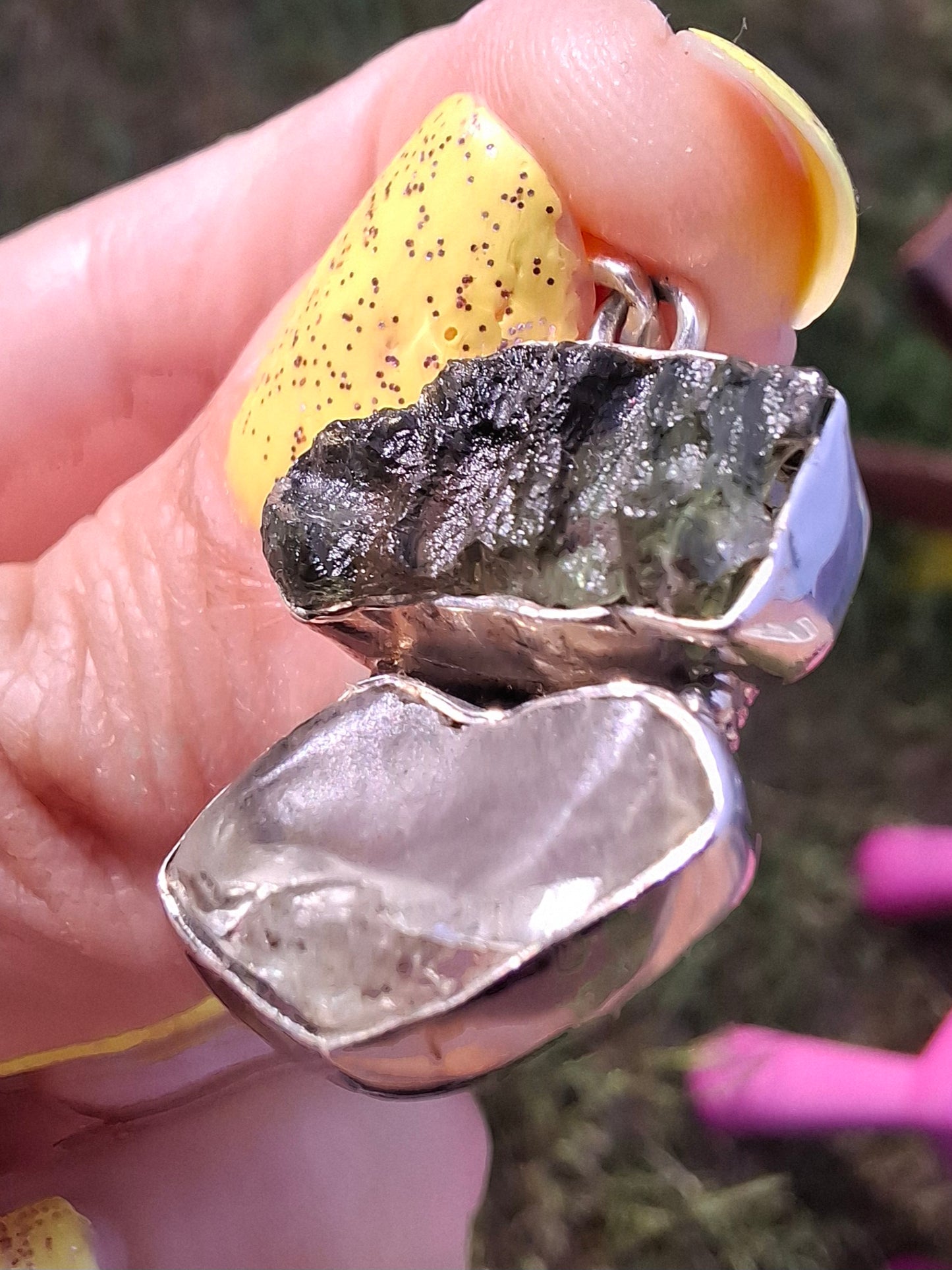 Moldavite & Libyan Desert Glass Pendant, 925 Silver, Tektite (Ref: MLP5)
