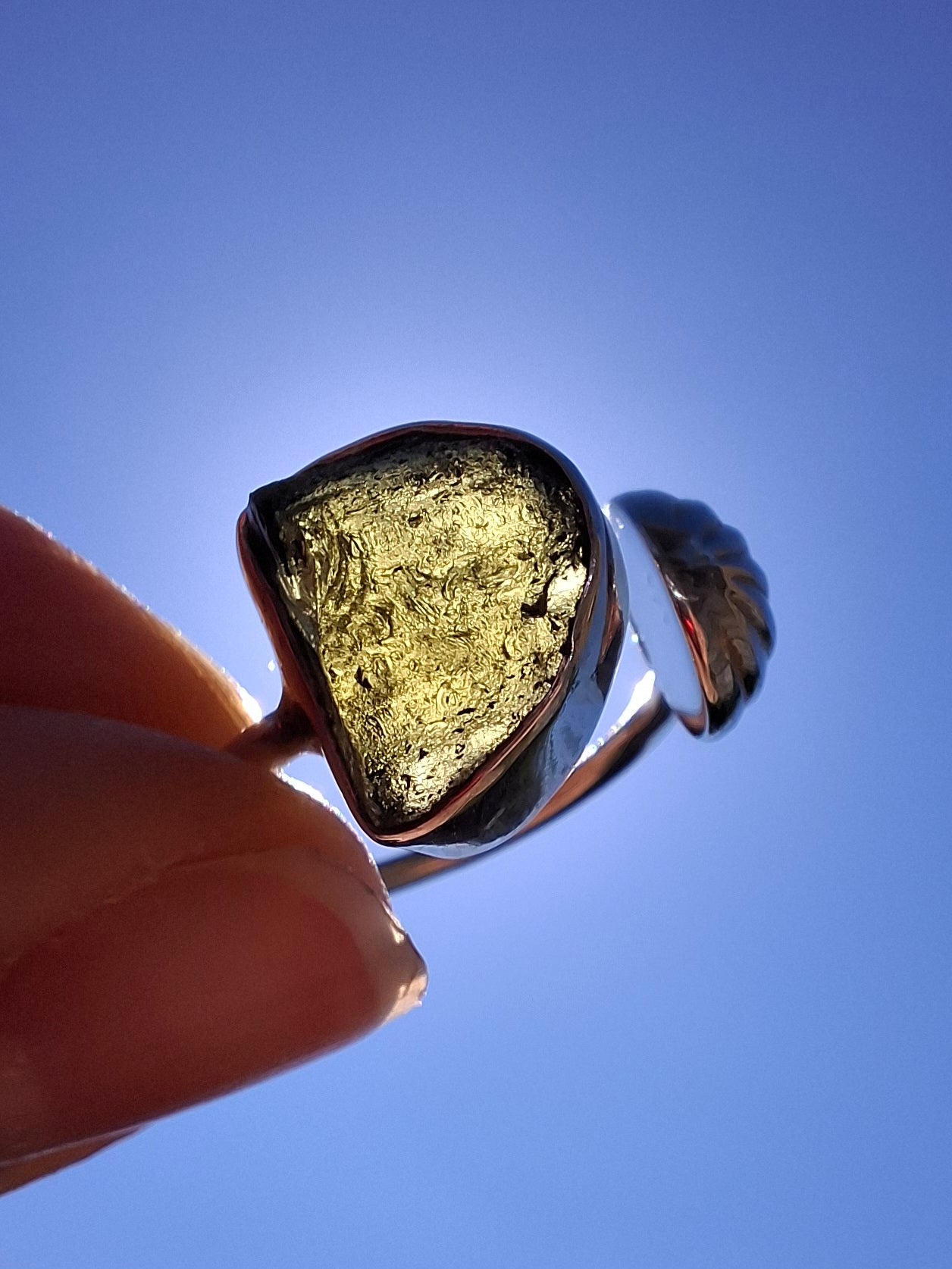 Moldavite ADJUSTABLE Ring, size large N, 925 Silver, Tektite (Ref: AR 39)