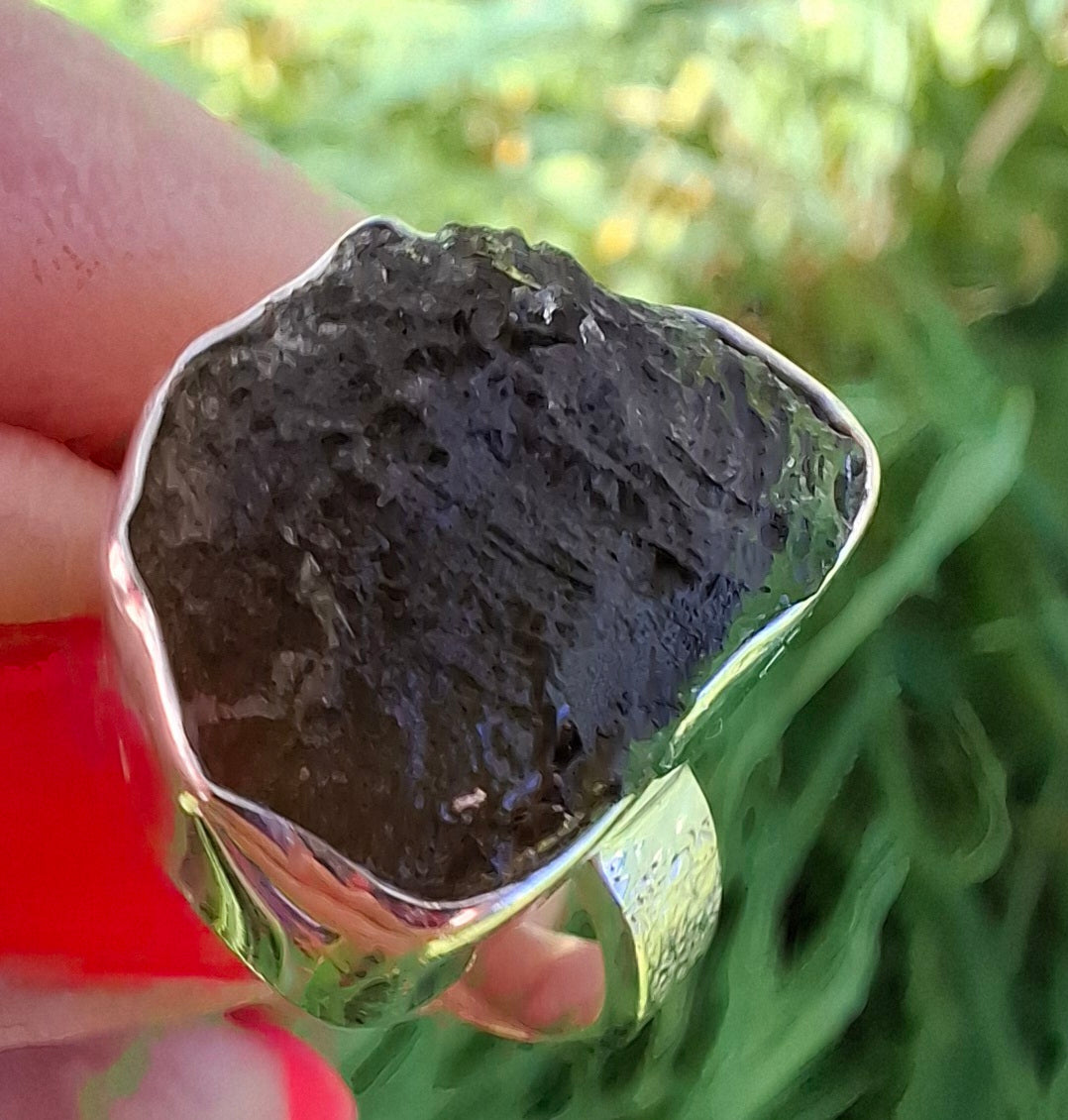 Moldavite Ring, size K, 925 Silver, Tektite (Ref: R300)