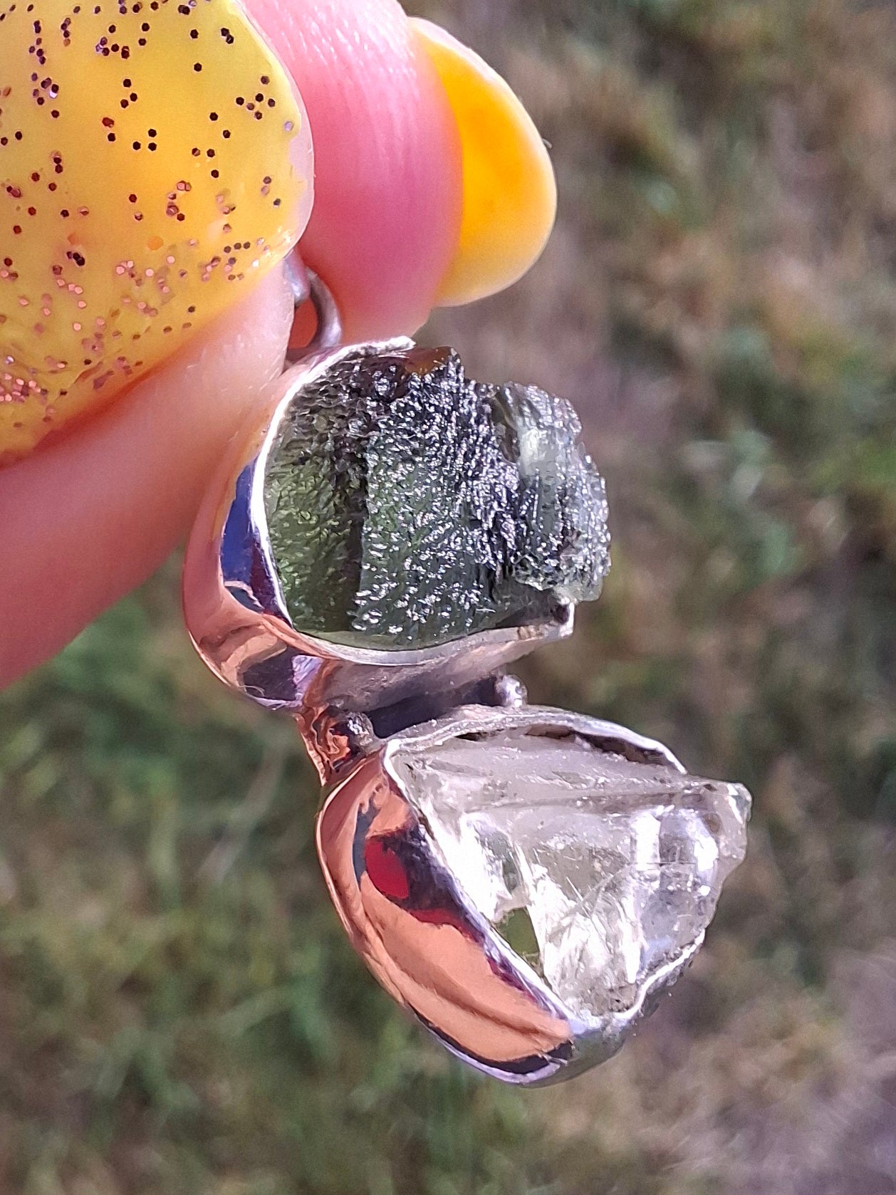 Moldavite & Libyan Desert Glass Pendant, 925 Silver, Tektite (Ref: MLP17)