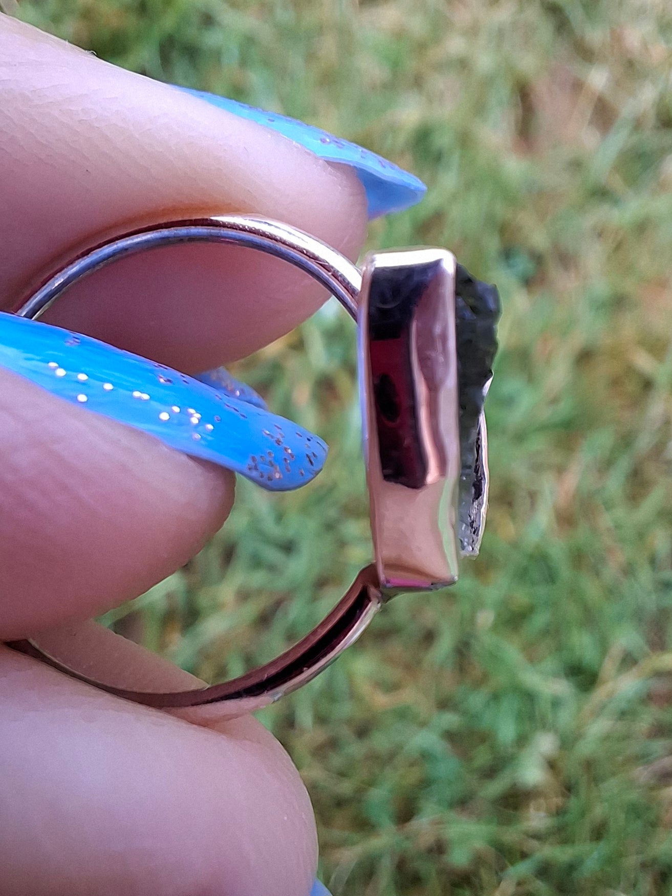 Moldavite Ring, size large M, 925 Silver, Tektite (Ref: R24)