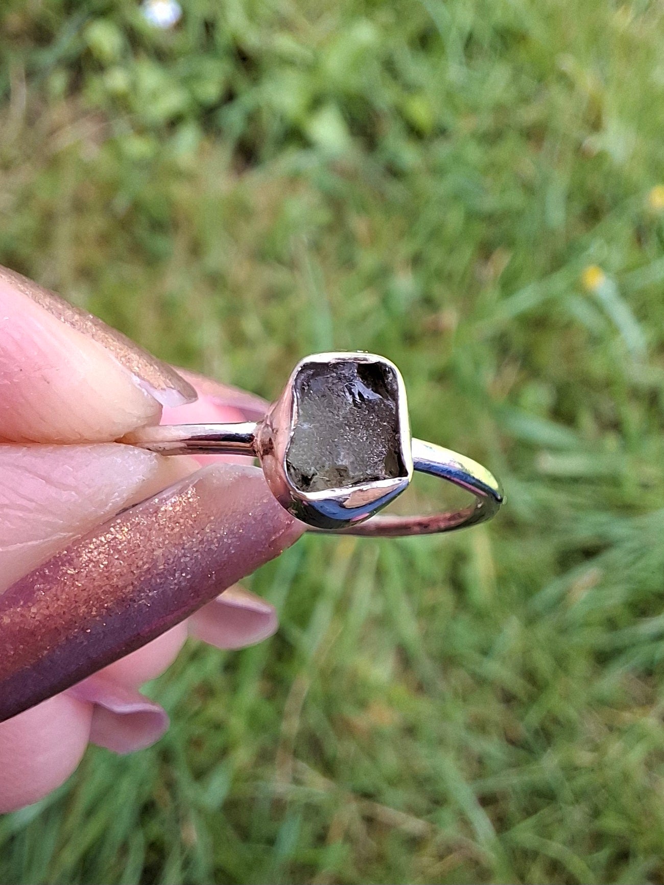 Moldavite Ring, size small Q, 925 Silver, Tektite (Ref: R44)