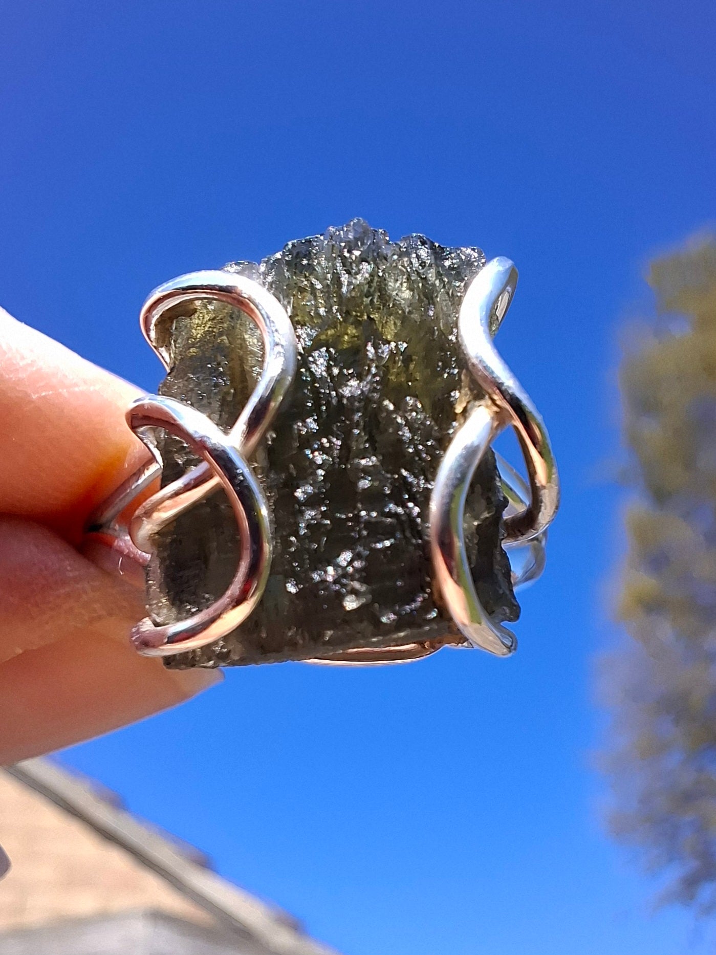 Moldavite Ring, size U, 925 Silver, Tektite (Ref: R14)