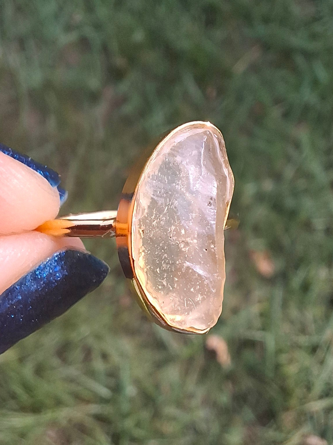 Libyan Desert Glass Ring, 14K GOLD Plated, size Q, Tektite (Ref: LR77)
