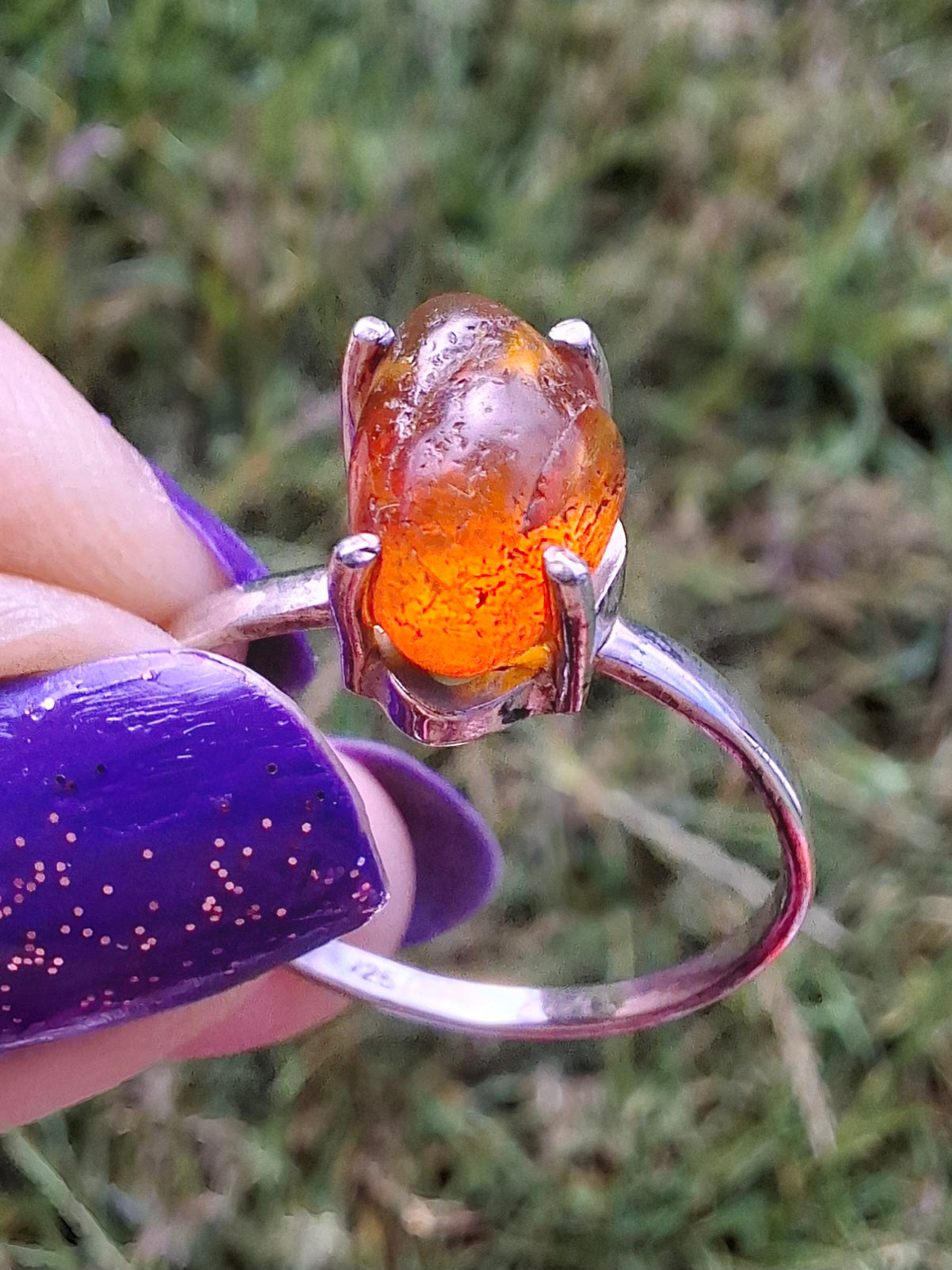 Baltic Amber Ring, size large W, 925 Silver, Fossil (Ref: AR29)