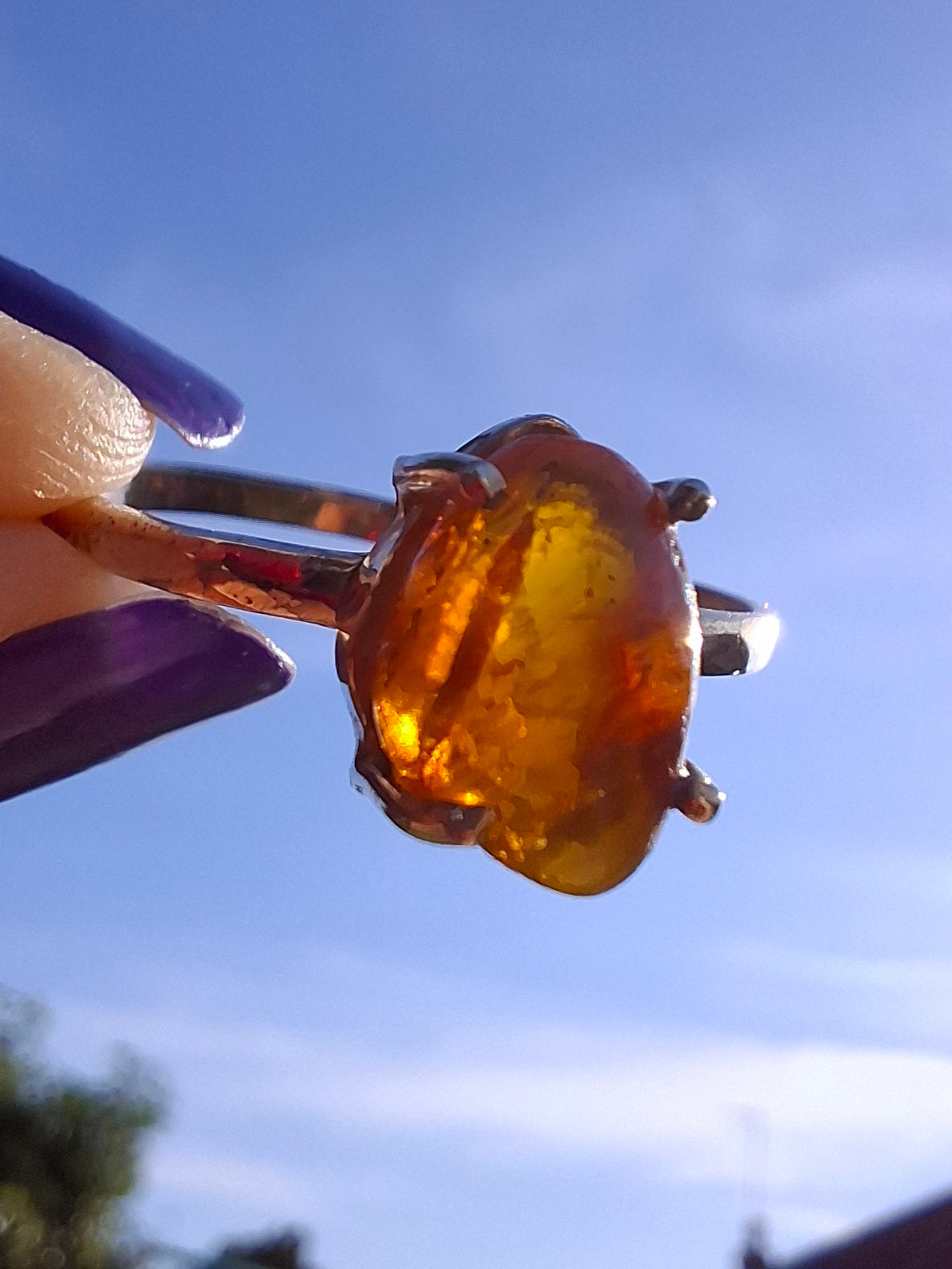 Baltic Amber Ring, size large W, 925 Silver, Fossil (Ref: AR29)