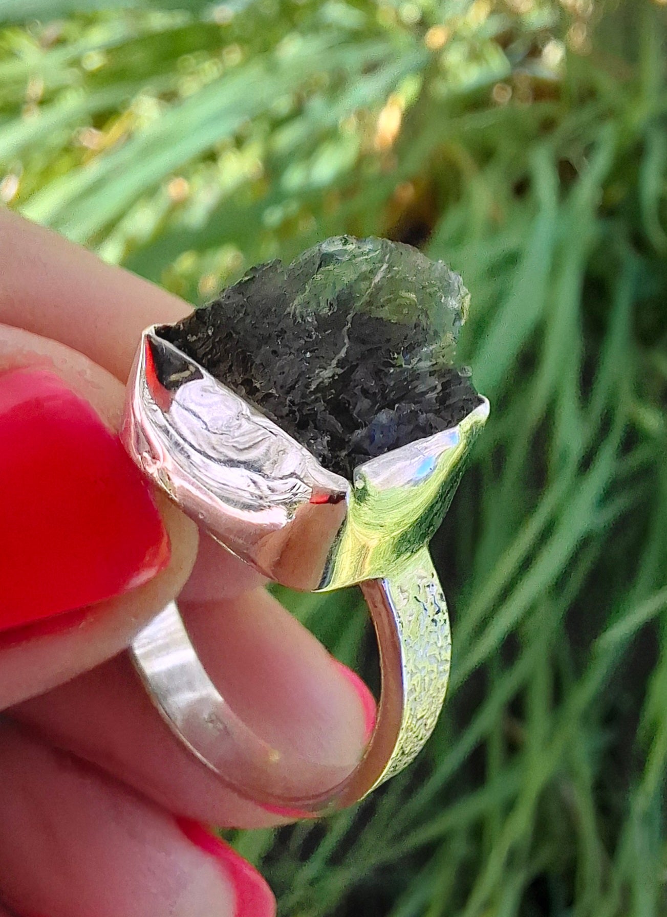 Moldavite Ring, size K, 925 Silver, Tektite (Ref: R302)