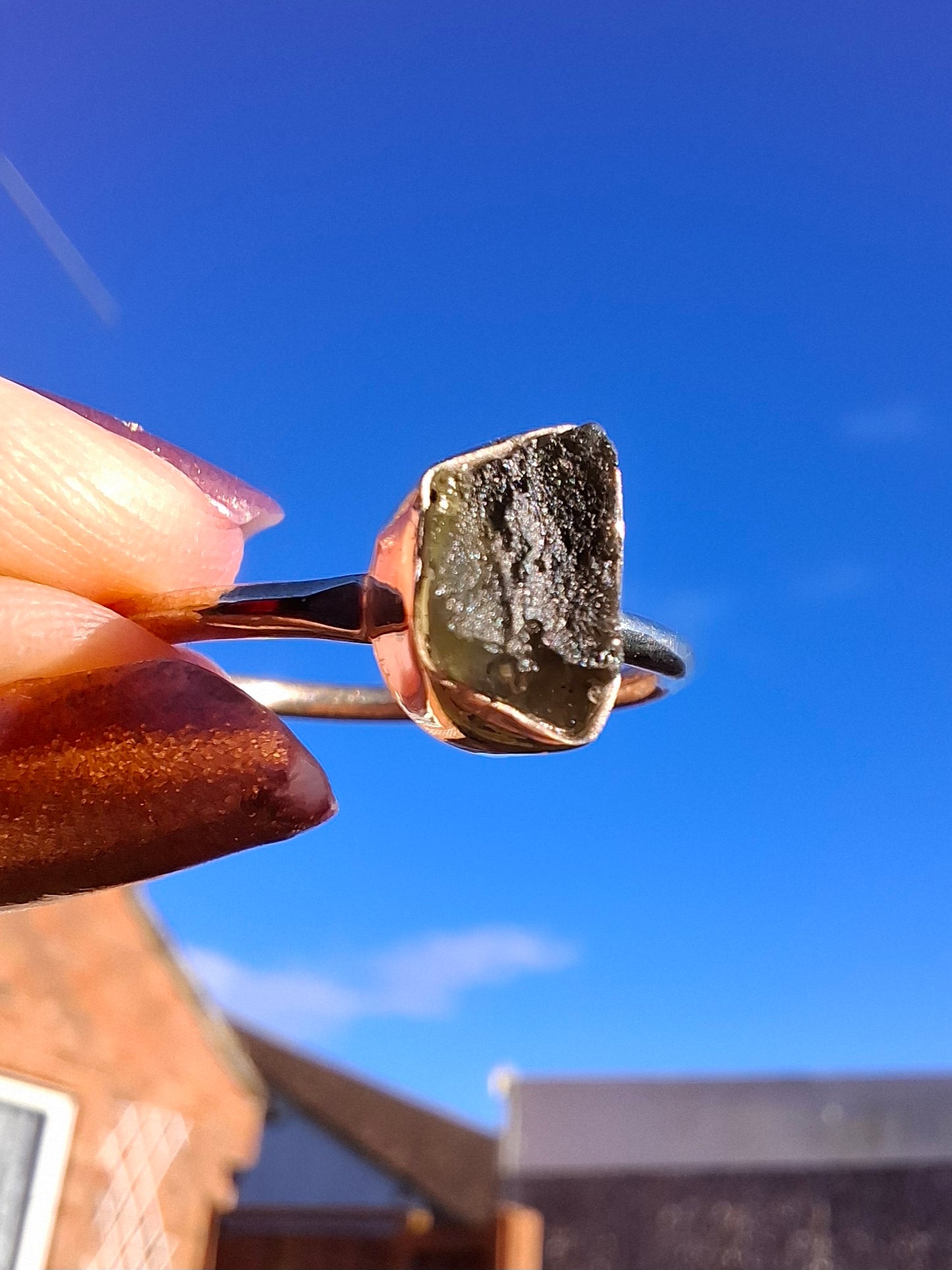 Moldavite Ring, size small W, 925 Silver, Tektite (Ref: R59)