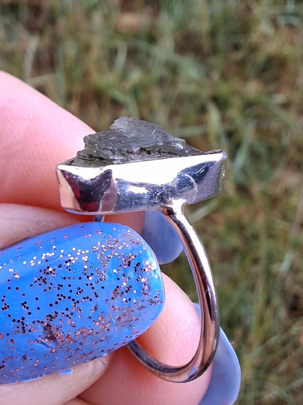 Moldavite Ring, size large G/small H, 925 Silver, Tektite (Ref: R19)