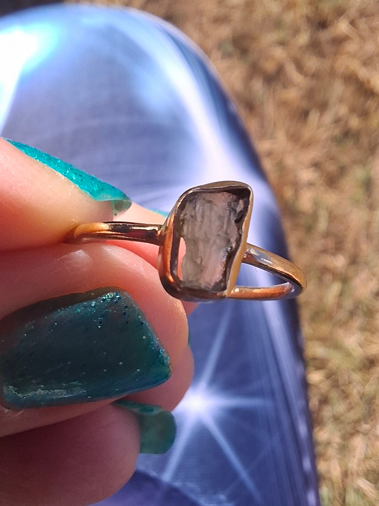 Moldavite Ring, 14K GOLD Plated, size large M, Tektite (Ref: R341)