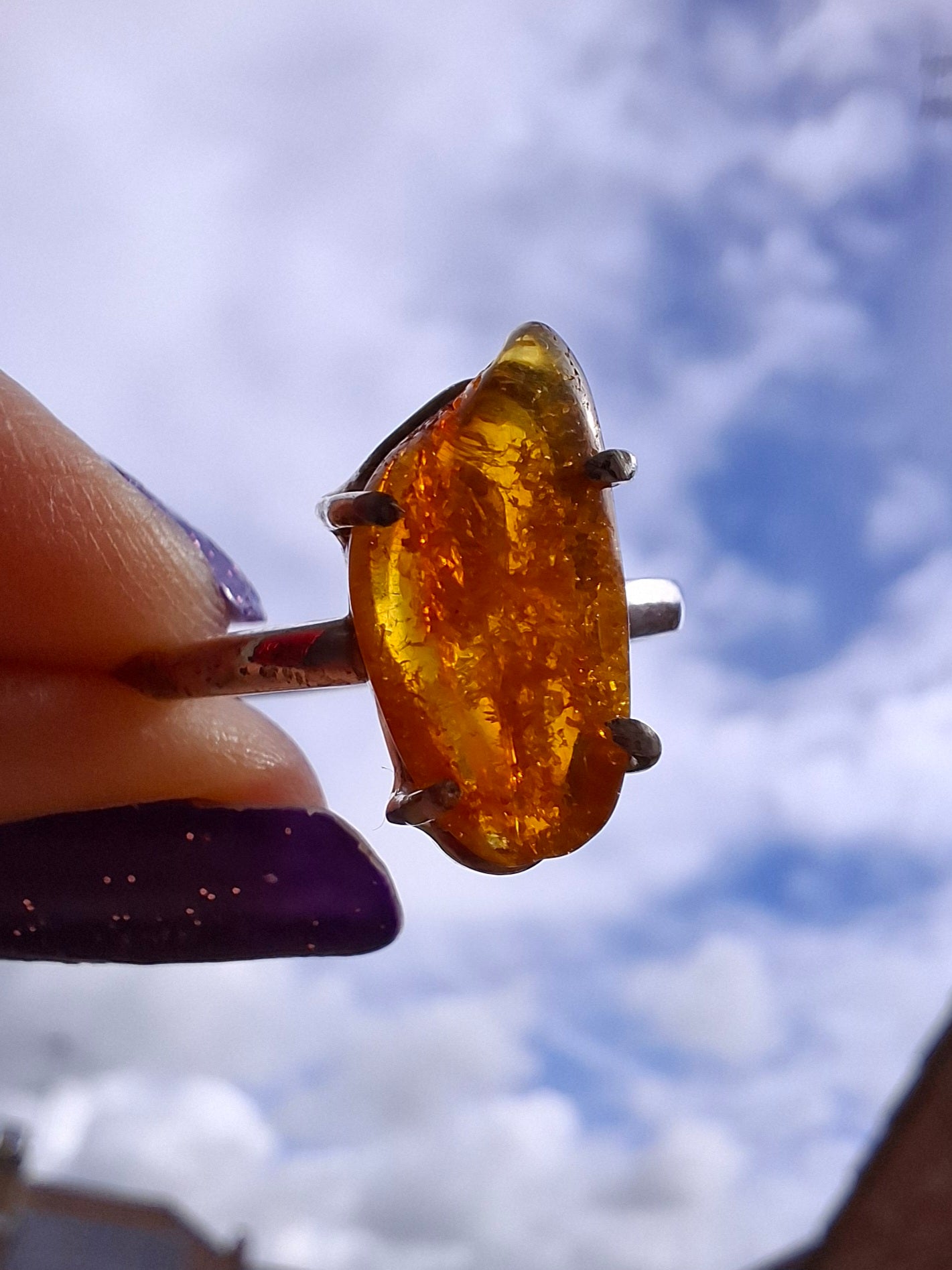 Baltic Amber Ring, size large T/small U, 925 Silver, Fossil (Ref: AR19)