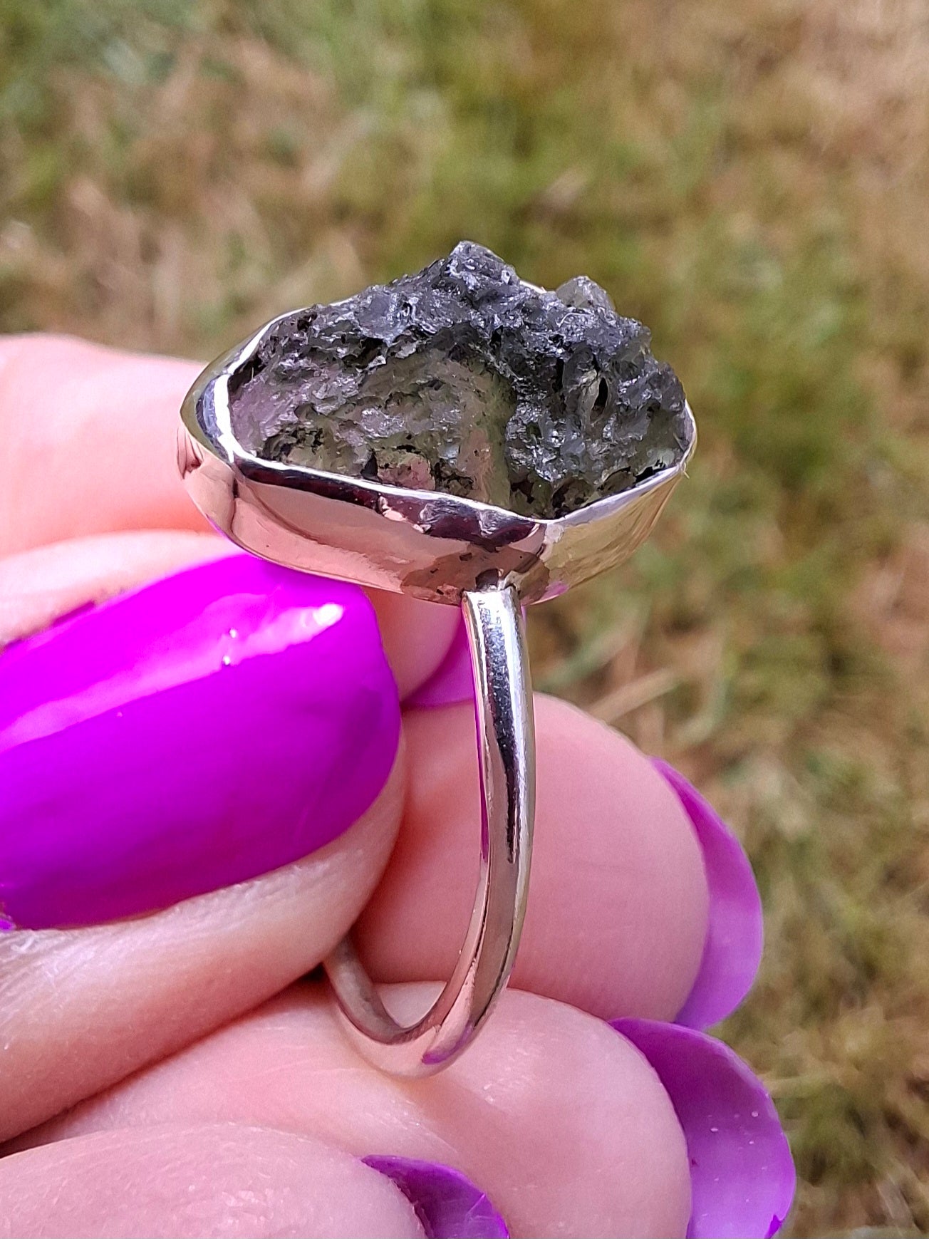 Moldavite ADJUSTABLE Ring, size large R, 925 Silver, Tektite (Ref: AR49)