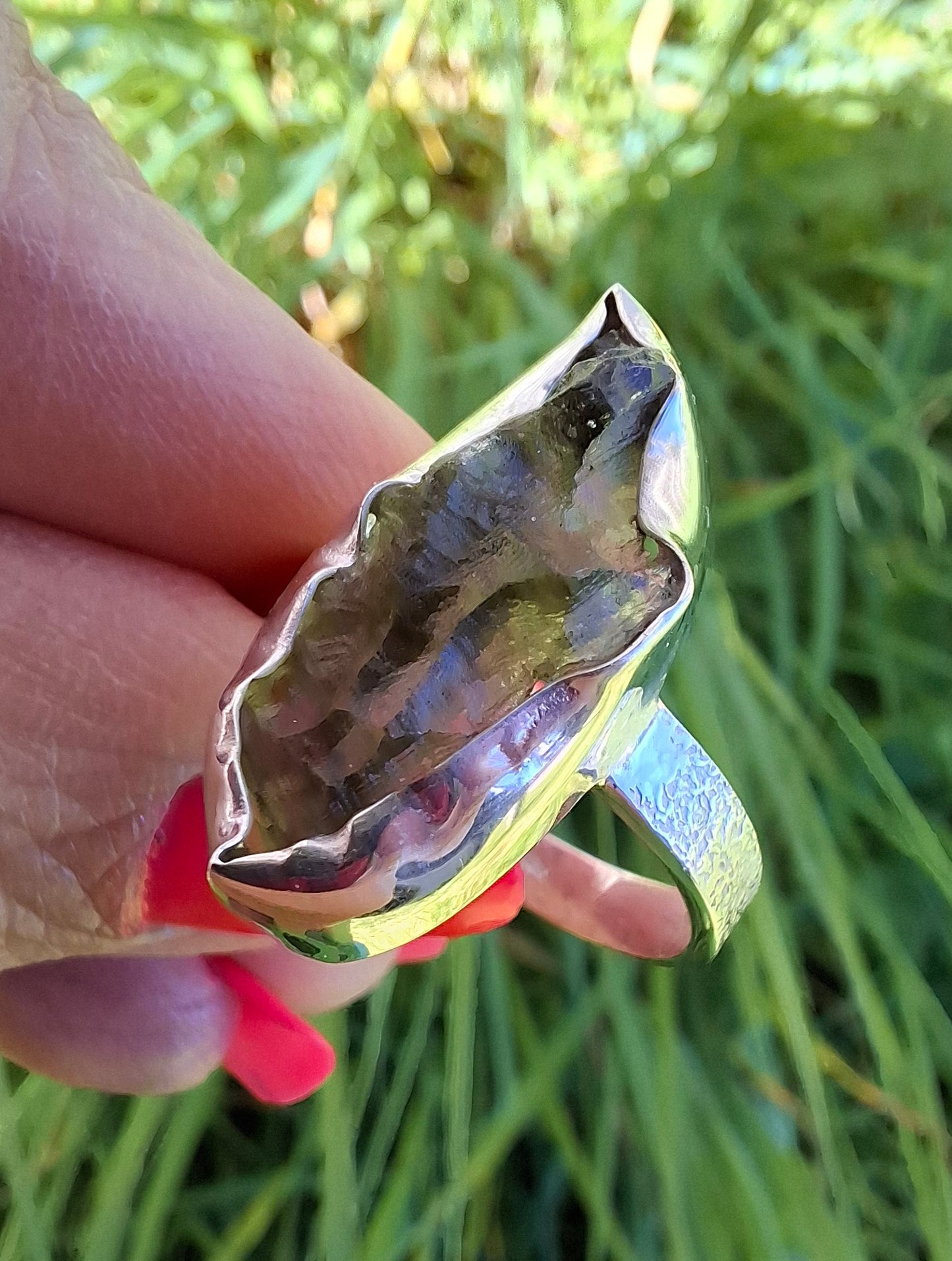 Moldavite Ring, size small U, 925 silver, Tektite (Ref: R321)