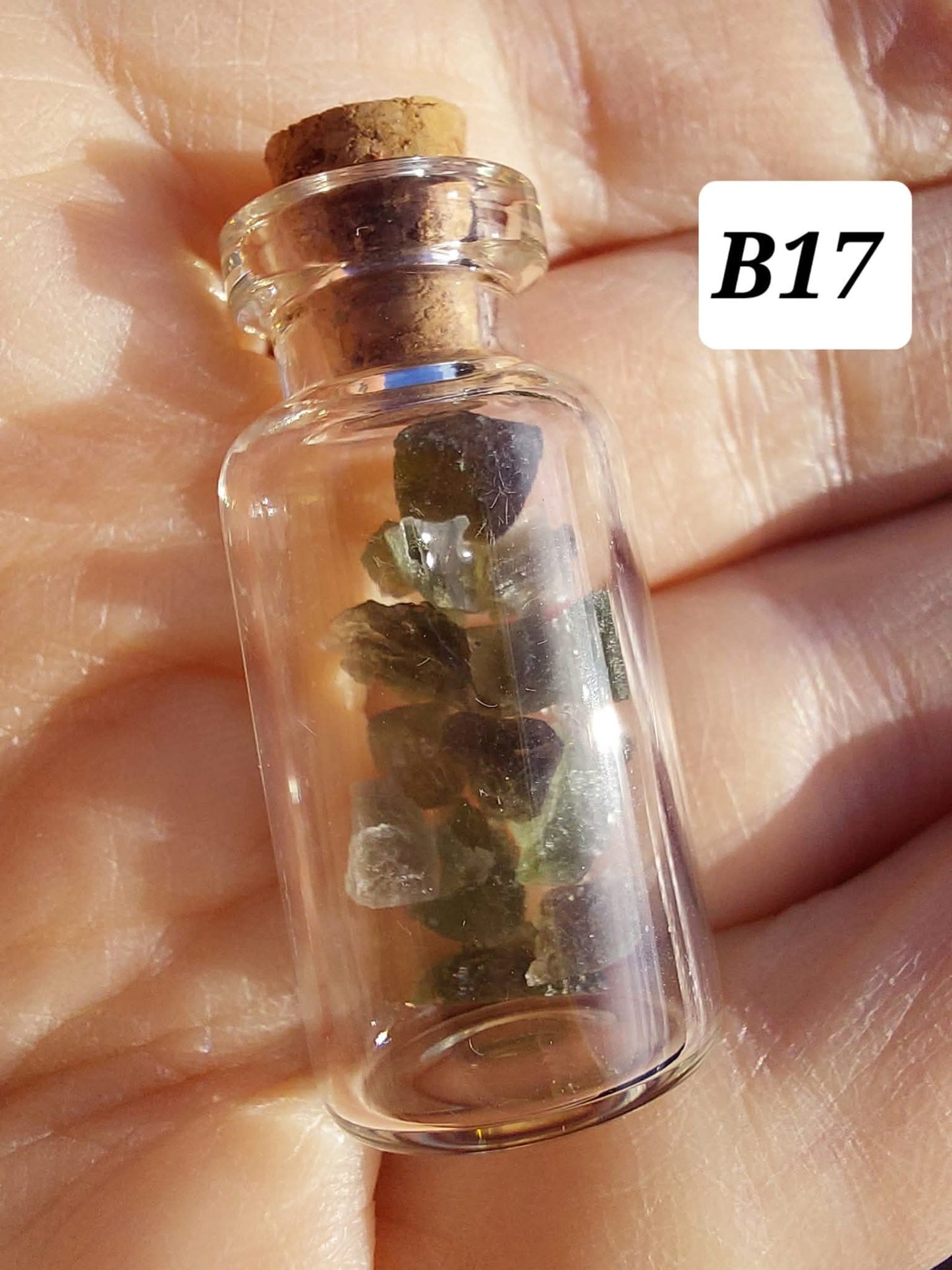 Moldavite chips (1.50g) in 3ml glass Bottle, Tektite (Ref: B17)