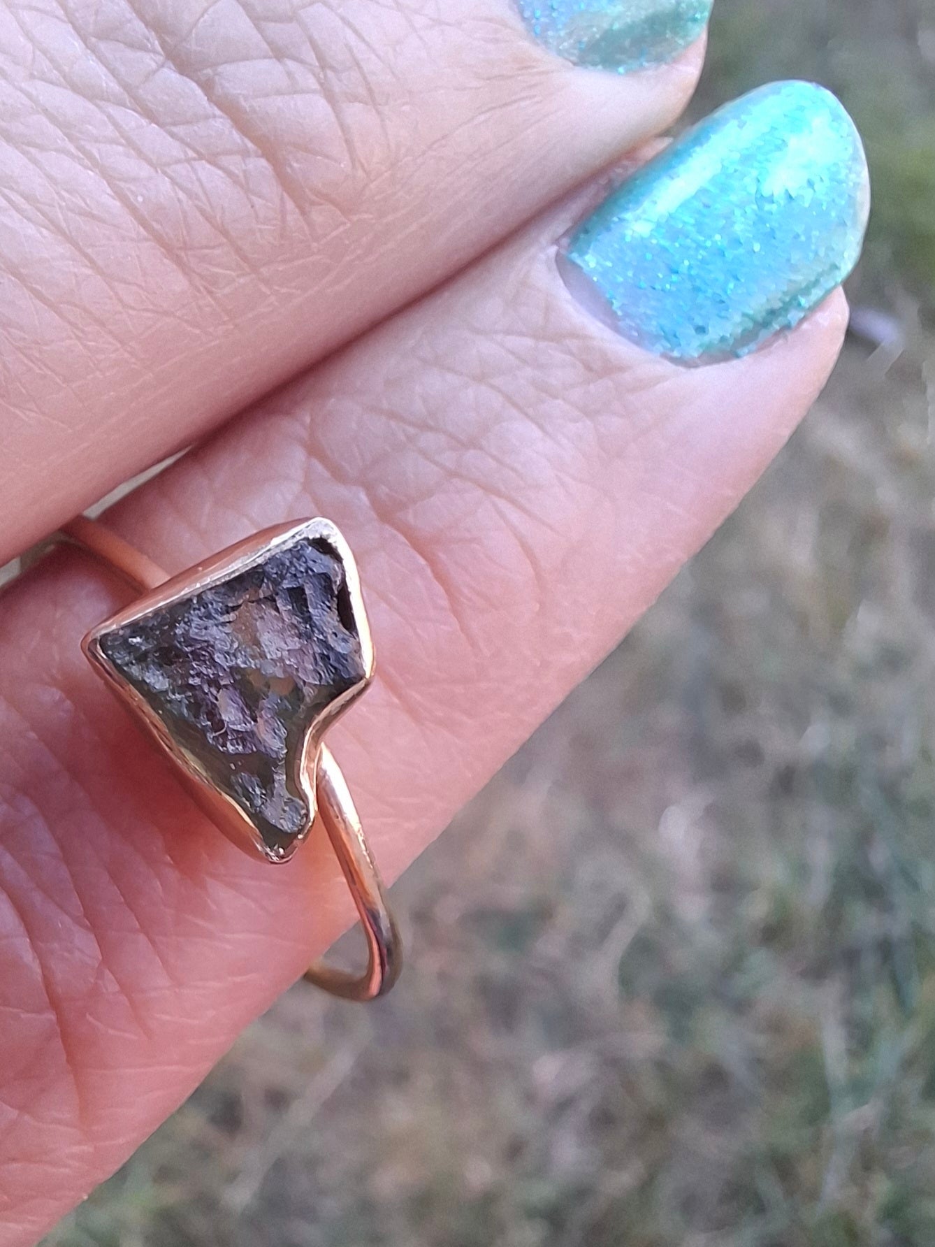 Moldavite Ring, 14K GOLD Plated, size large U, Tektite (Ref: R351)
