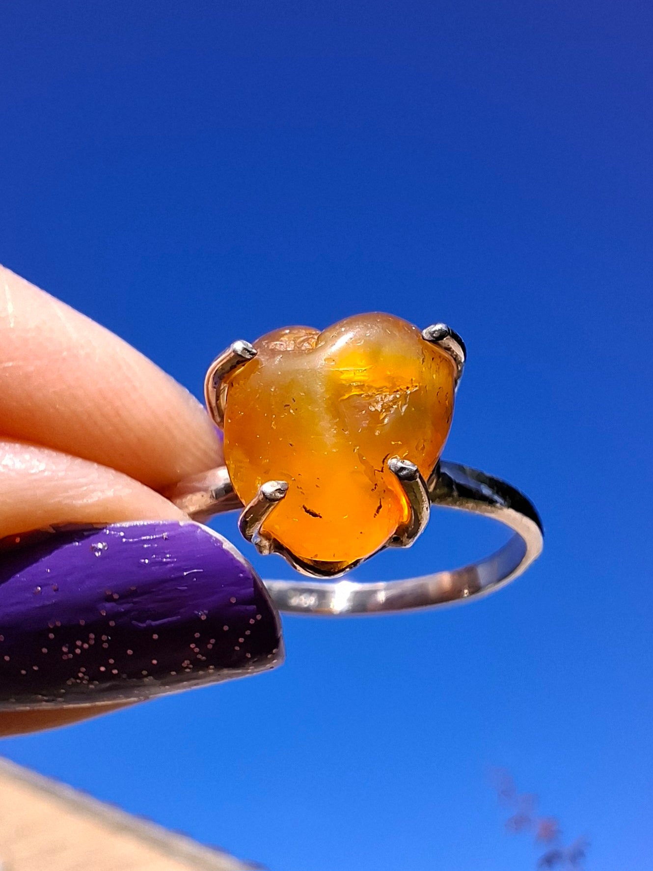 Baltic Amber Ring, size large Y, 925 Silver, Fossil (Ref: AR39)