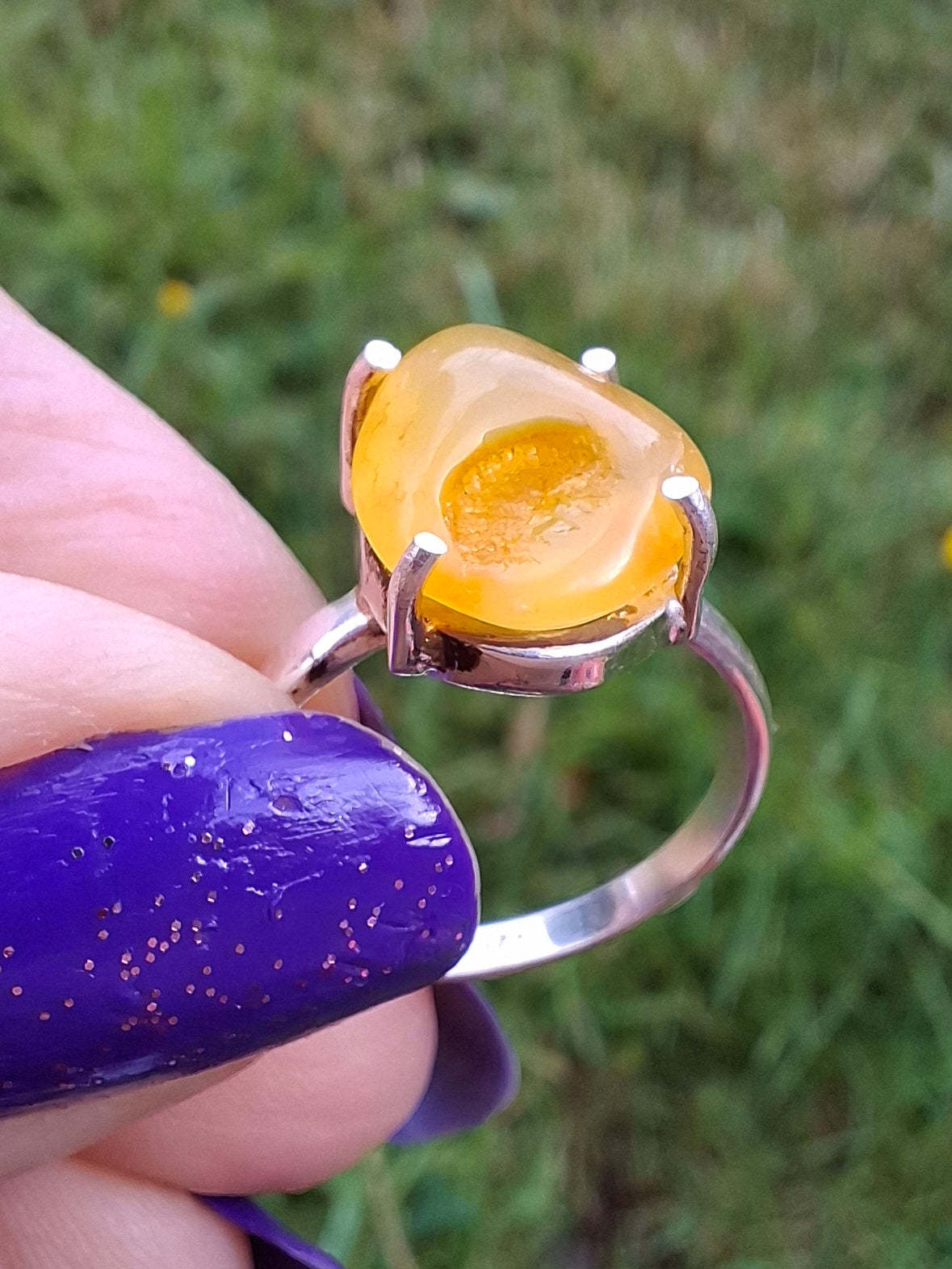 Baltic Amber Ring, size large L, 925 Silver, Fossil (Ref: AR2)