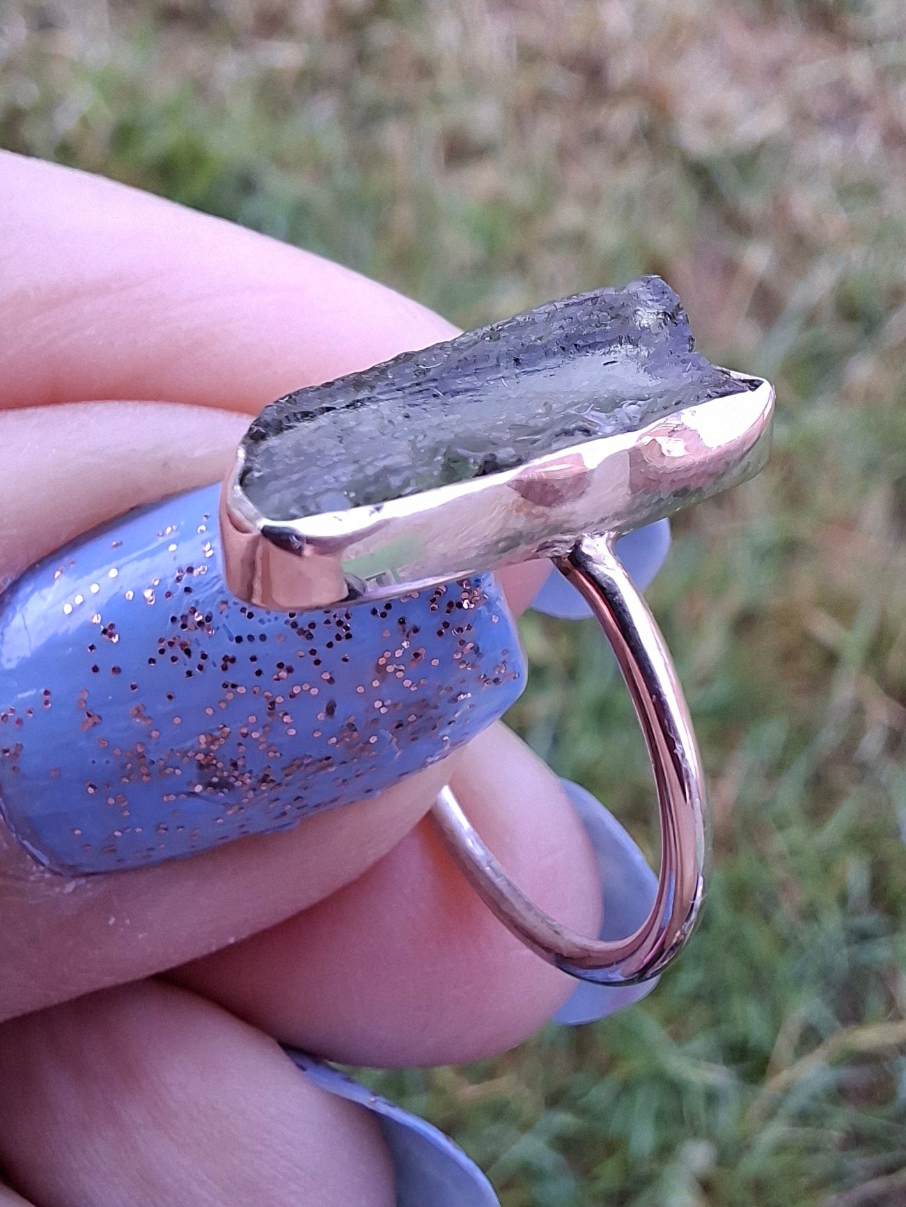 Moldavite Ring, size K, 925 Silver, Tektite (Ref: R21)