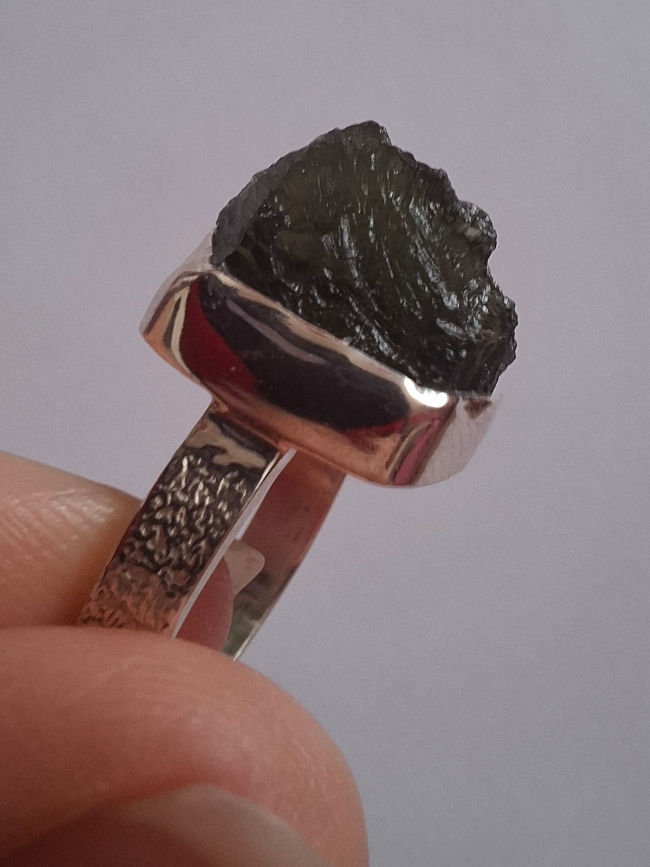 Moldavite Ring, size O, 925 Silver, Tektite (Ref: R312)