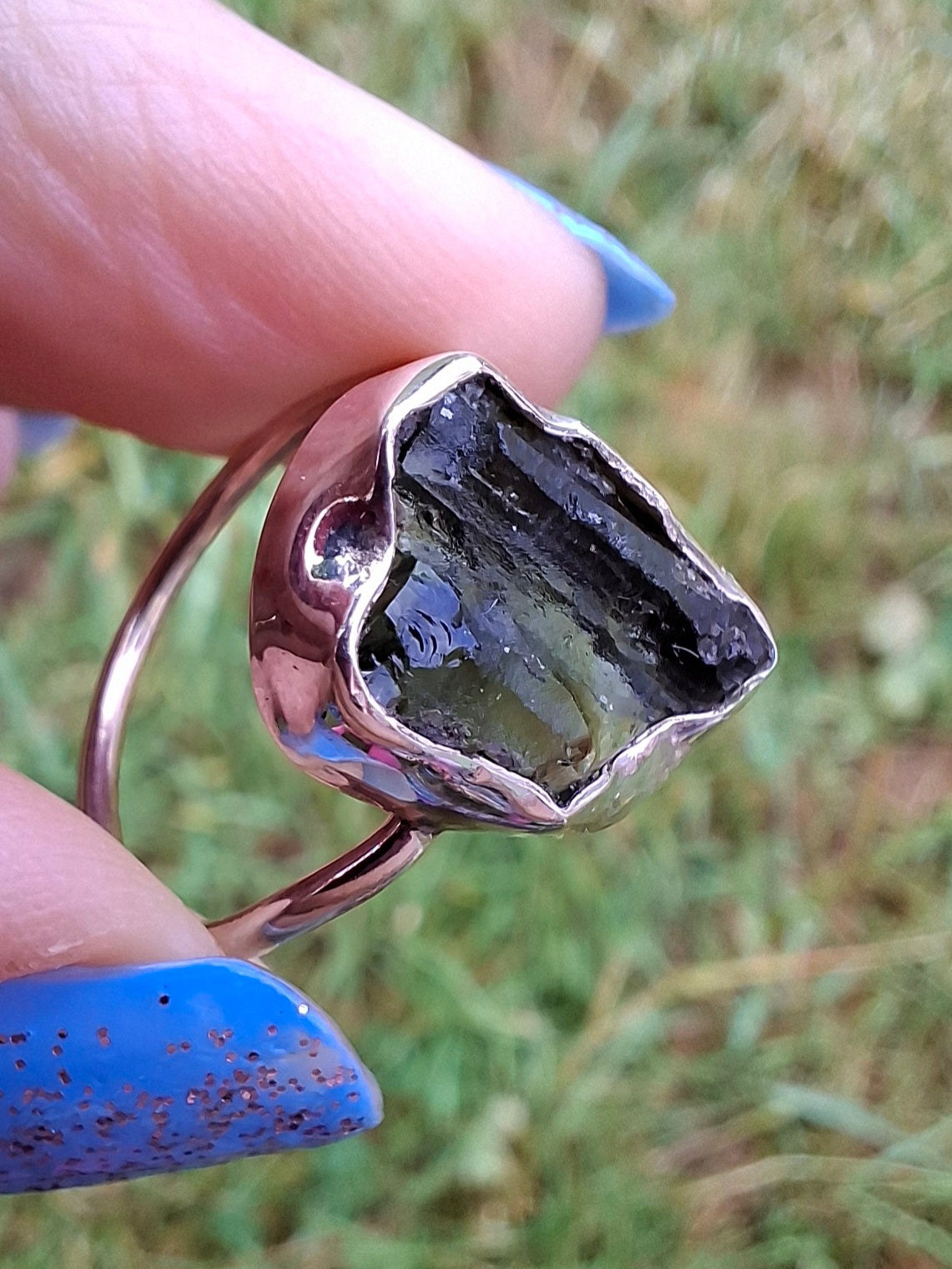 Moldavite Ring, size large N, 925 Silver, Tektite (Ref: R25)