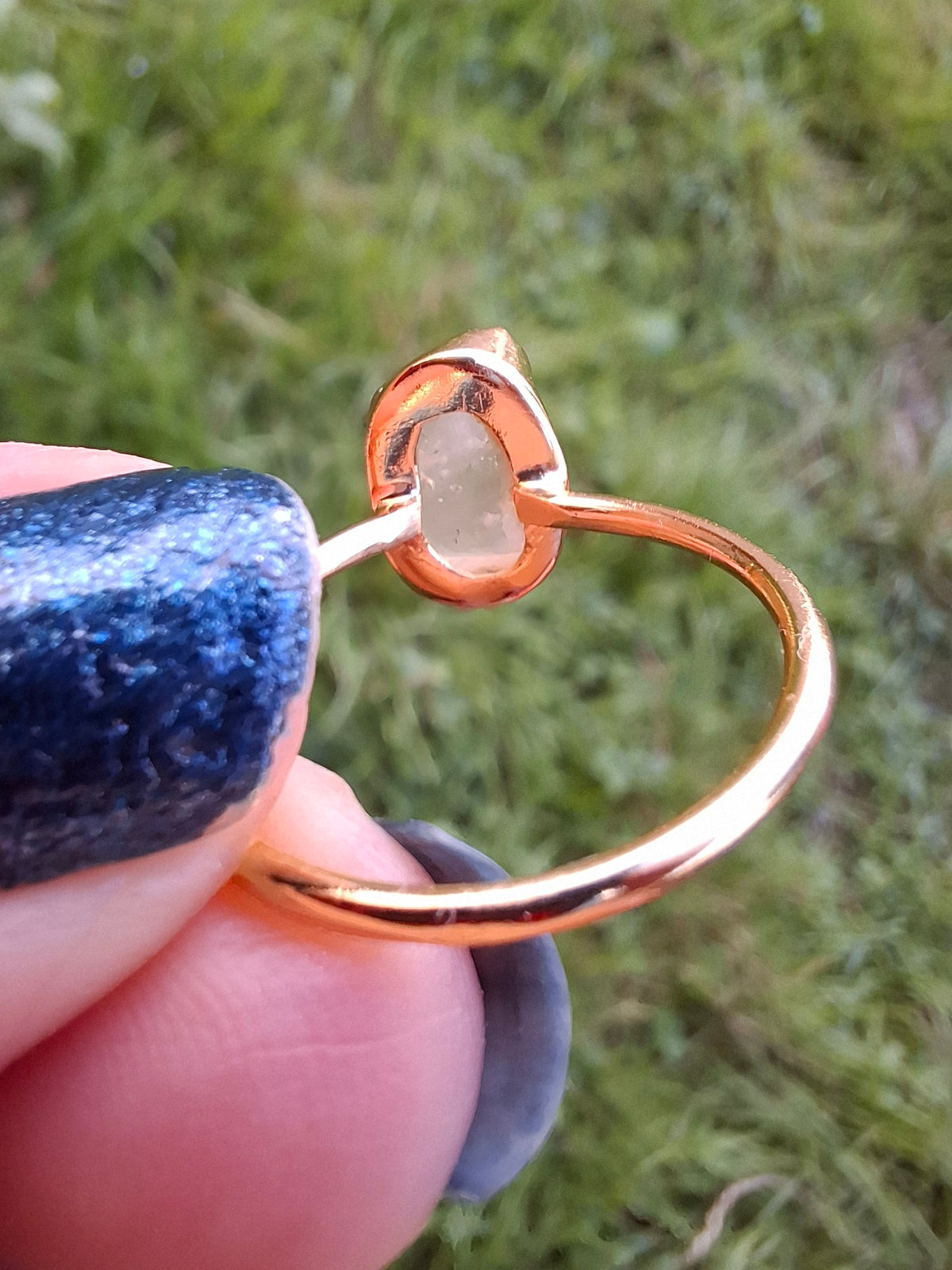 Libyan Desert Glass Ring, 14K GOLD Plated, size large Q, Tektite (Ref: LR64)