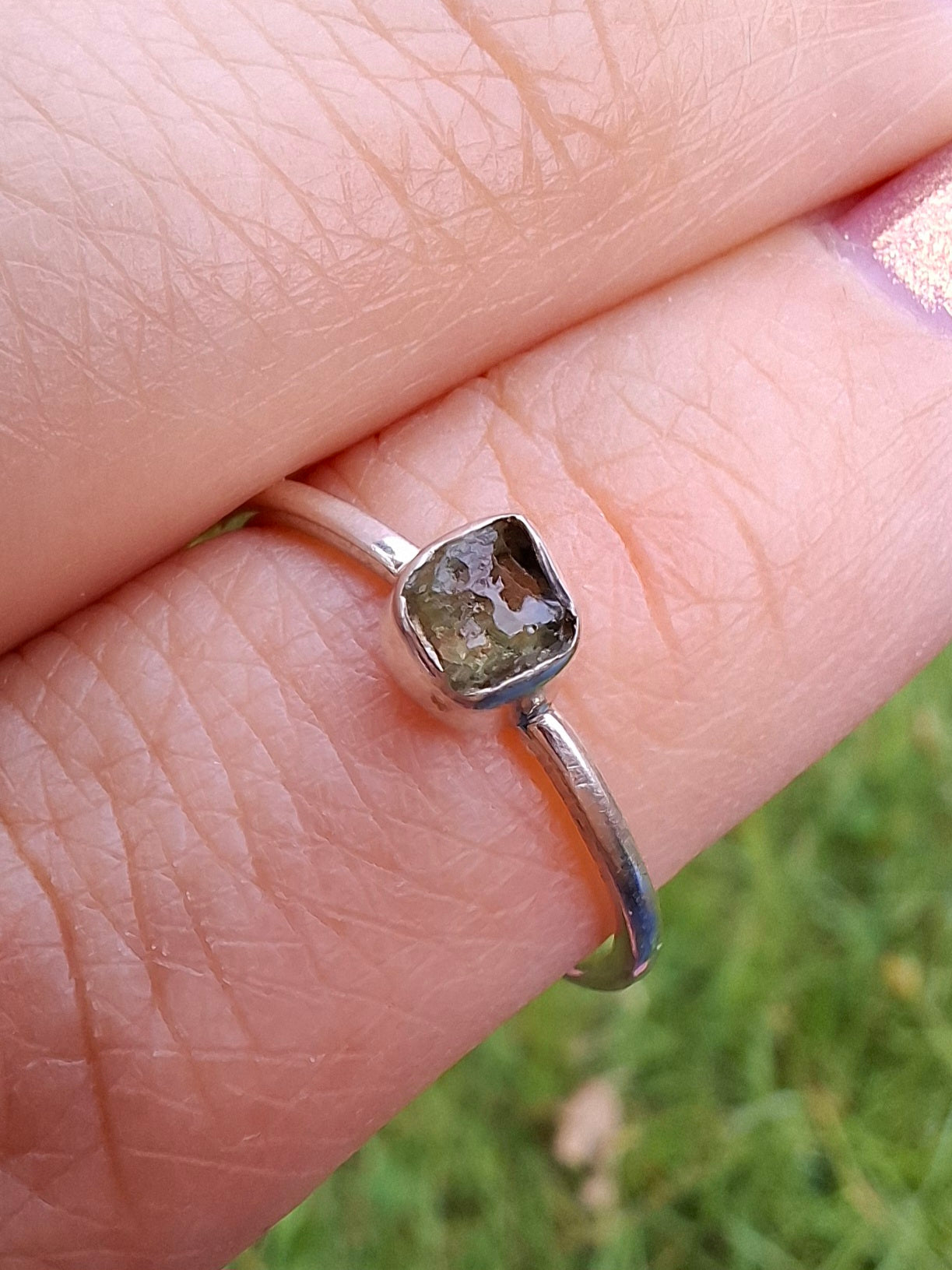 Moldavite Ring, size large L/small M, 925 Silver, Tektite (Ref: R37)