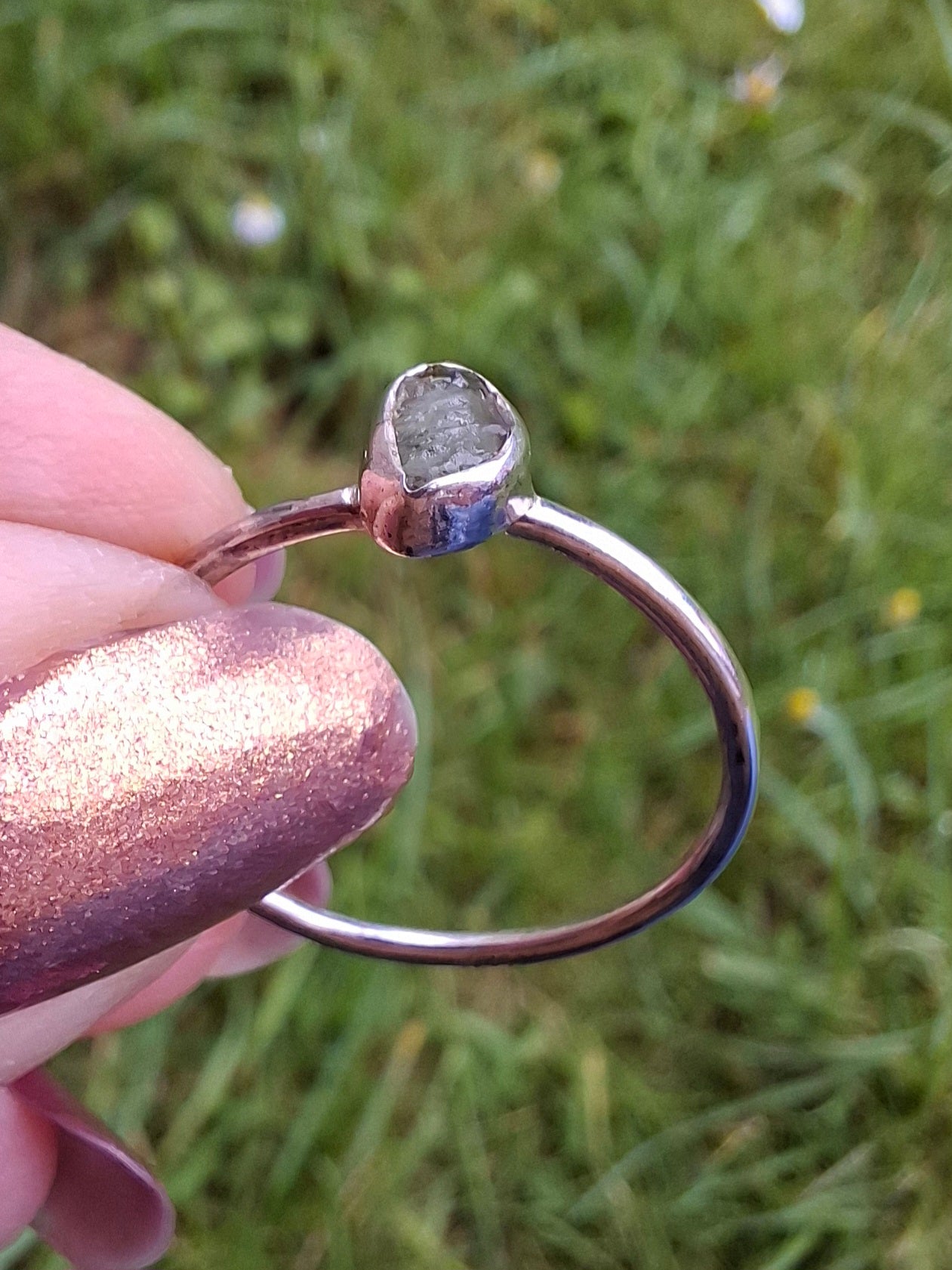 Moldavite Ring, size small T, 925 Silver, Tektite (Ref: R69)