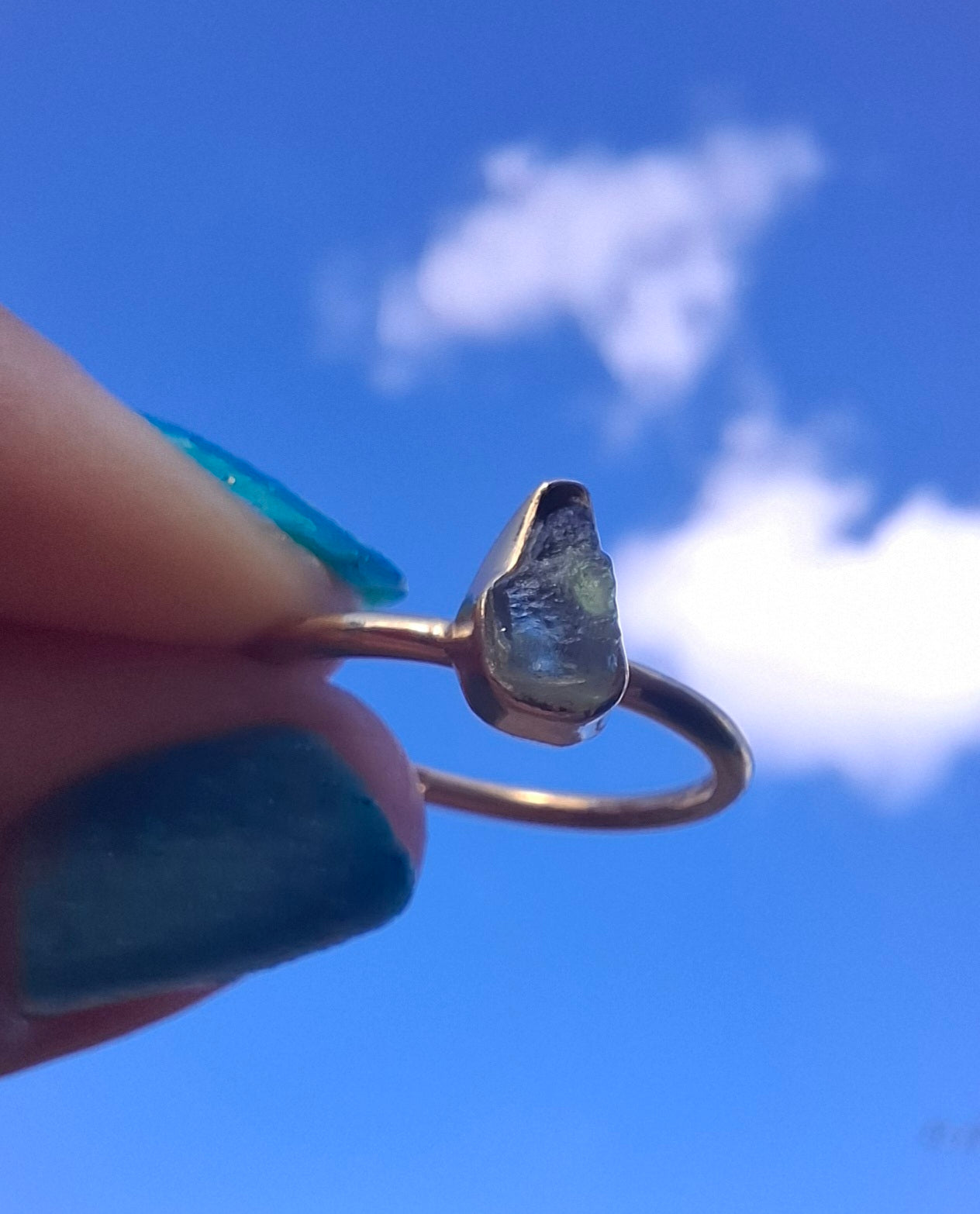 Moldavite Ring, 14K GOLD Plated, size large J, Tektite (Ref: R338)