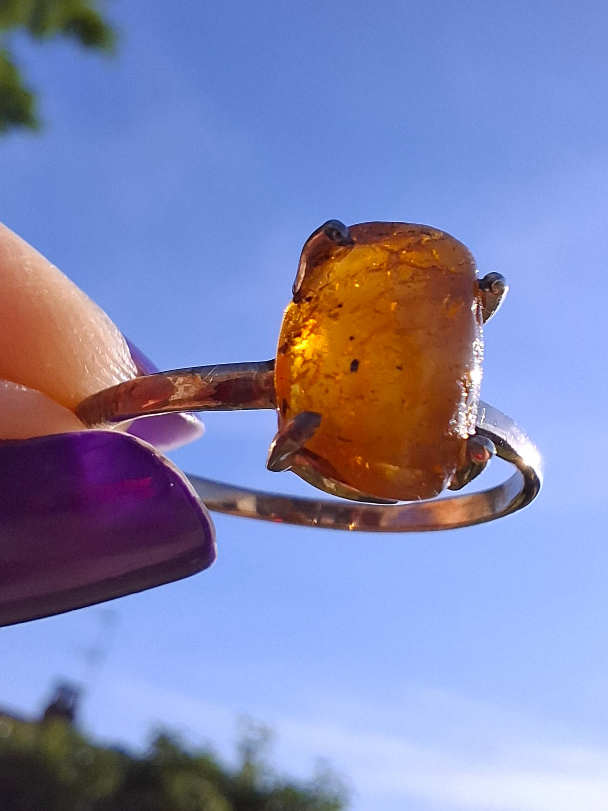 Baltic Amber Ring, size large W, 925 Silver, Fossil (Ref: AR28)