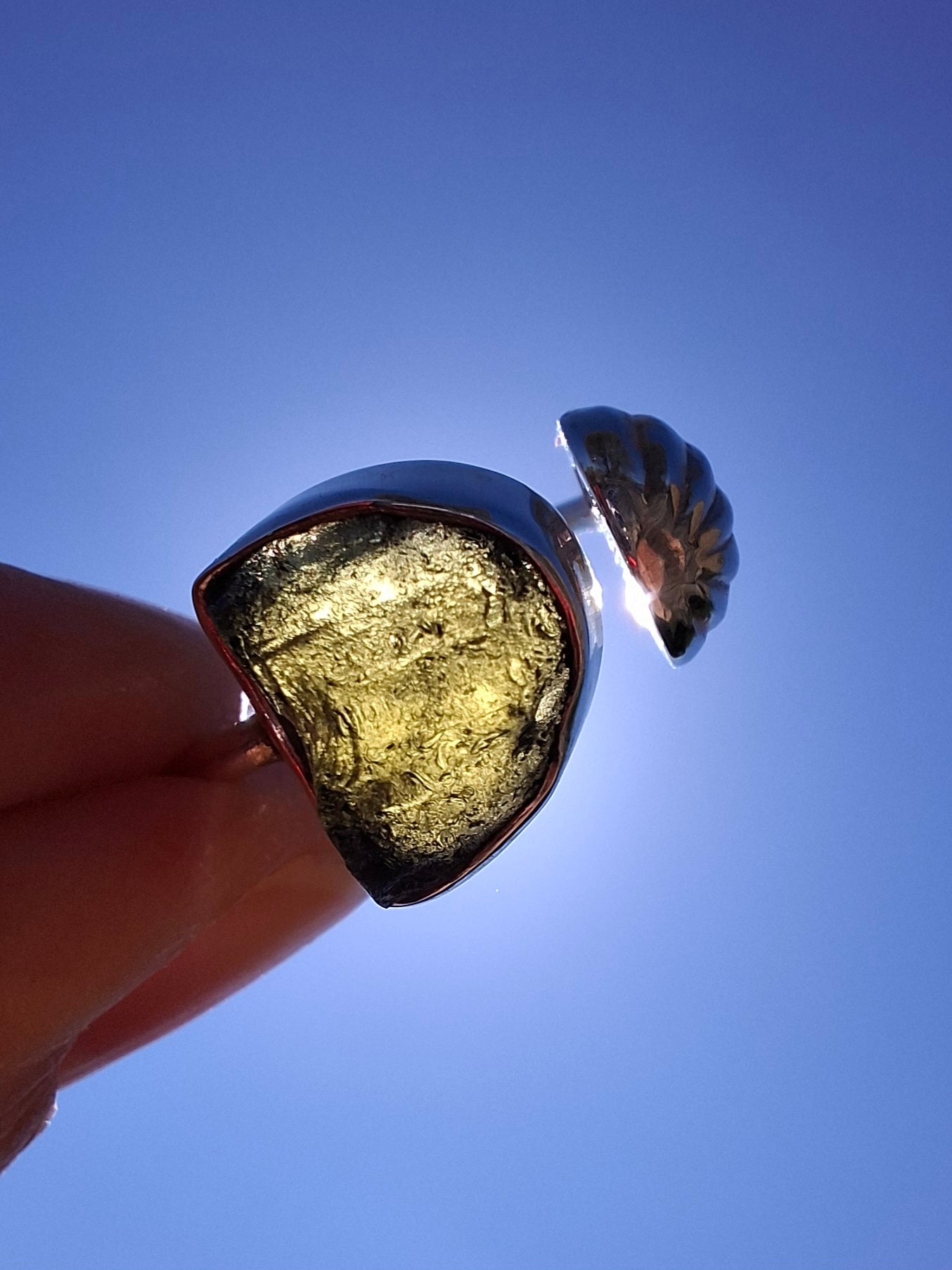 Moldavite ADJUSTABLE Ring, size large N, 925 Silver, Tektite (Ref: AR 39)