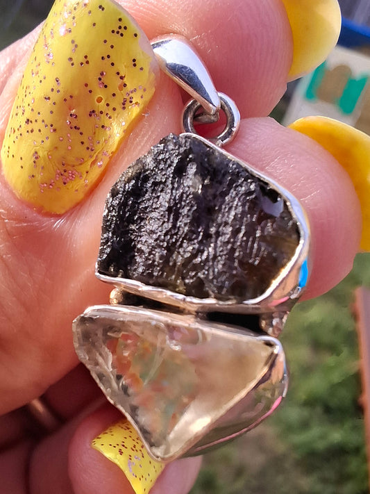 Moldavite & Libyan Desert Glass Pendant, 925 Silver, Tektite (Ref: MLP3)
