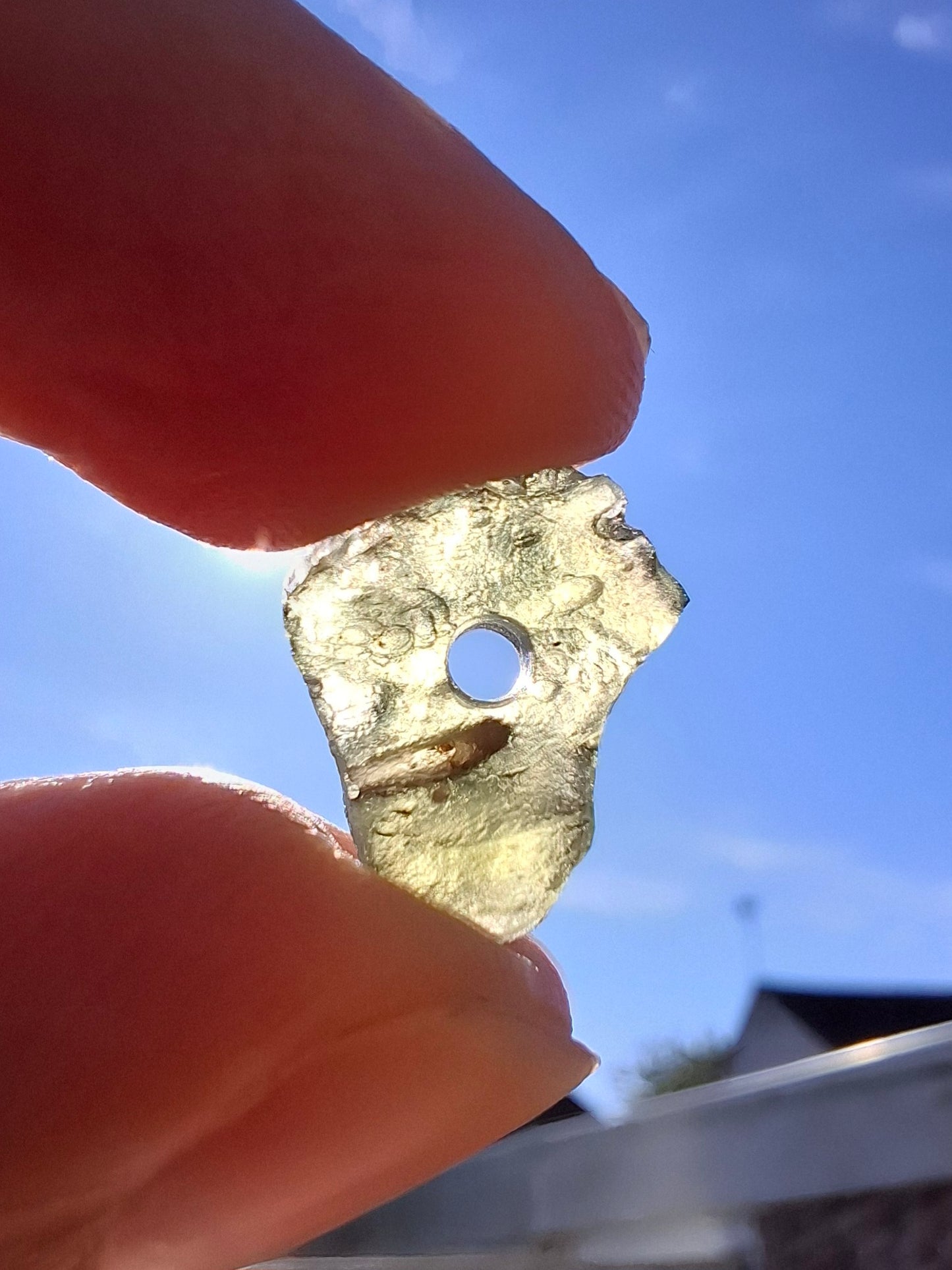 DRILLED Moldavite Piece, 1g, Tektite (Ref: D12)