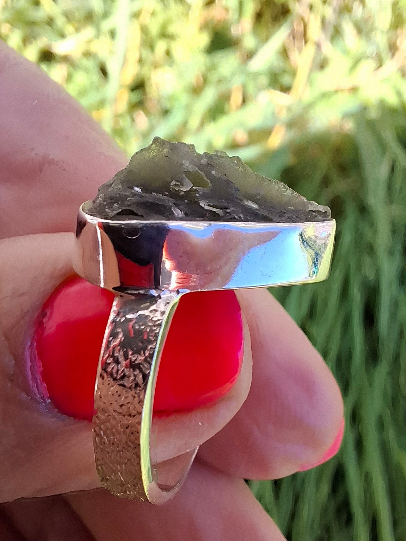 Moldavite Ring, size small K, 925 Silver, Tektite (Ref: R299)