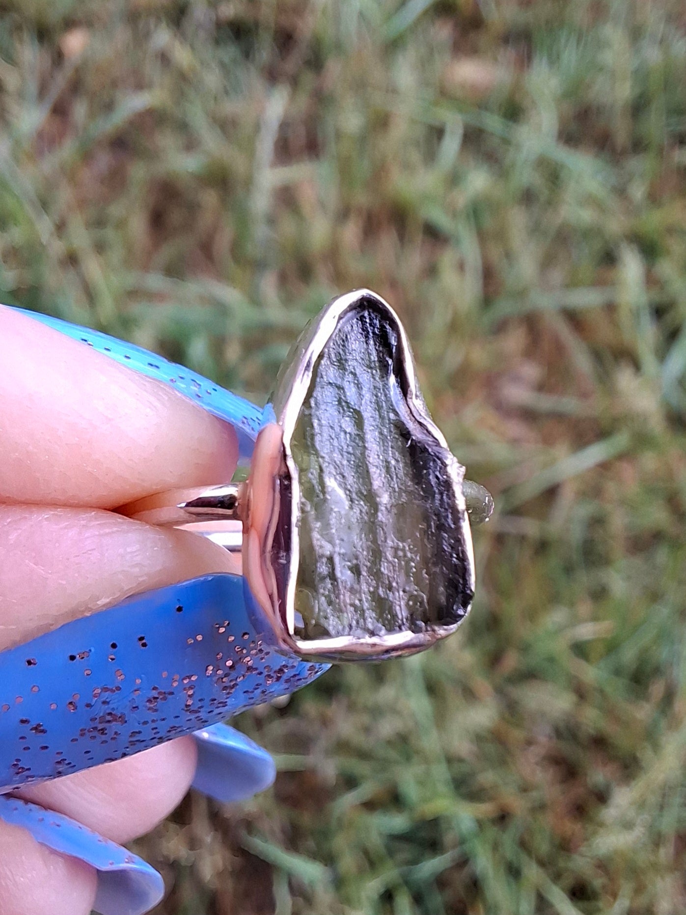 Moldavite Ring, size Large G, 925 Silver, Tektite (Ref: R18)