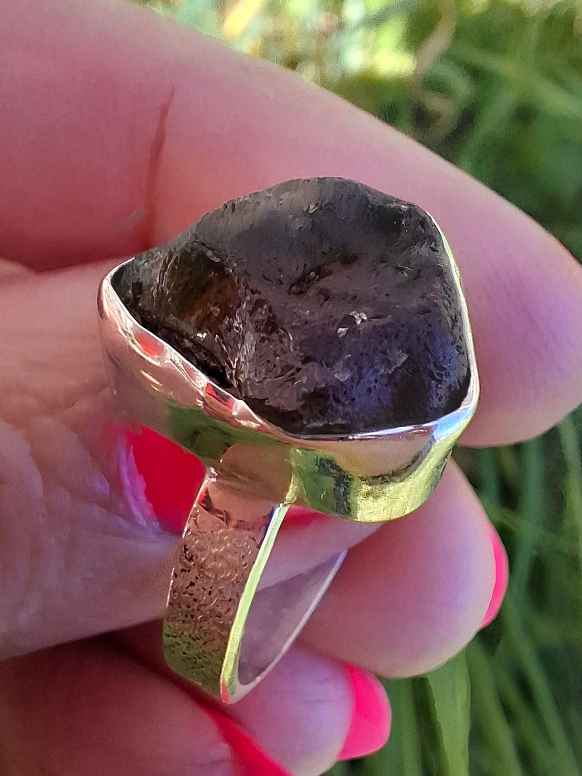 Moldavite Ring, size R, 925 Silver, Tektite (Ref: R317)
