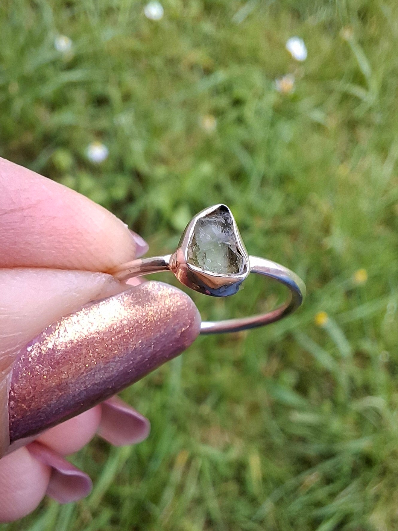 Moldavite Ring, size large L/small M, 925 Silver, Tektite (Ref: R50)