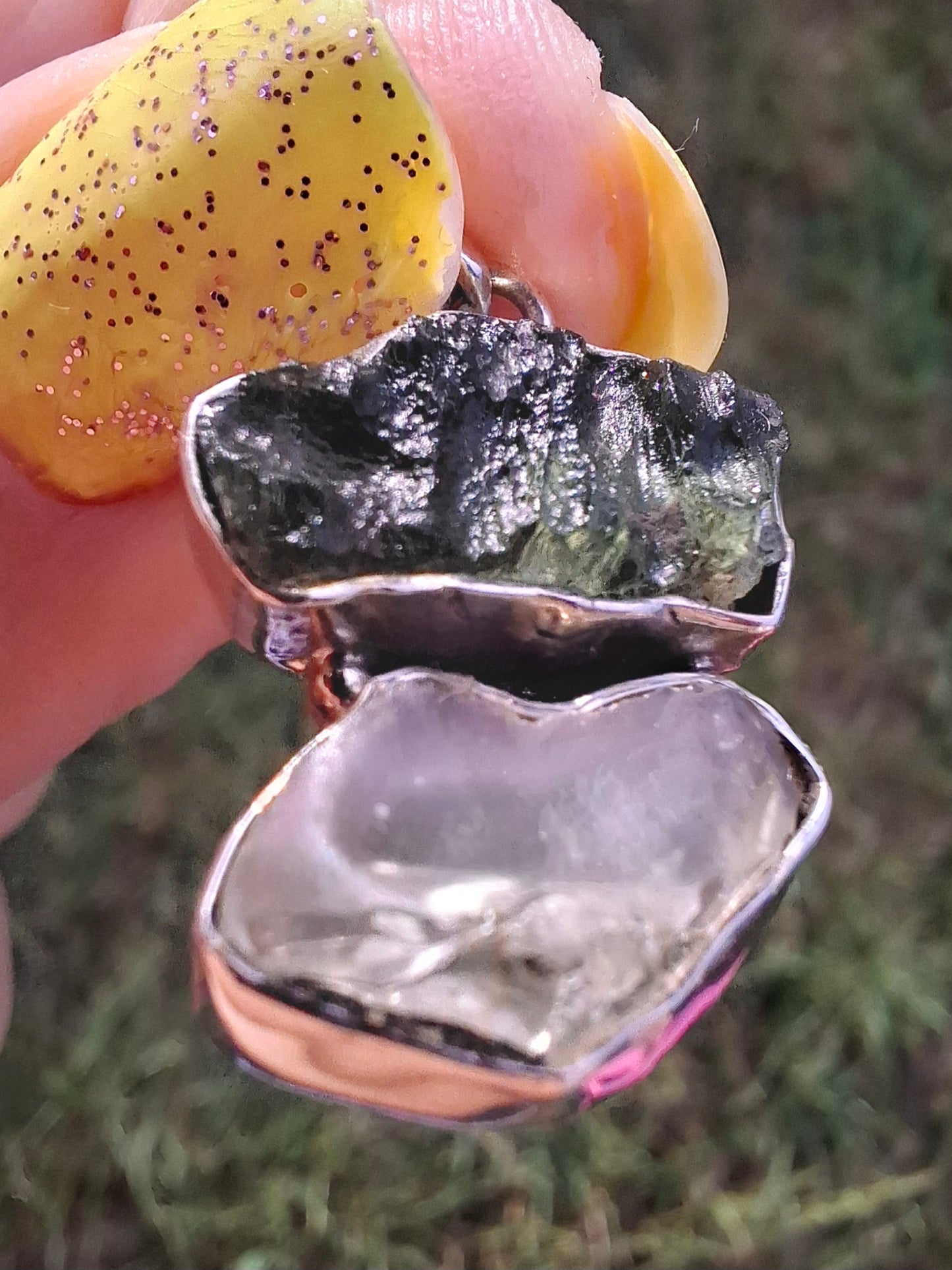 Moldavite & Libyan Desert Glass Pendant, 925 Silver, Tektite (Ref: MLP5)