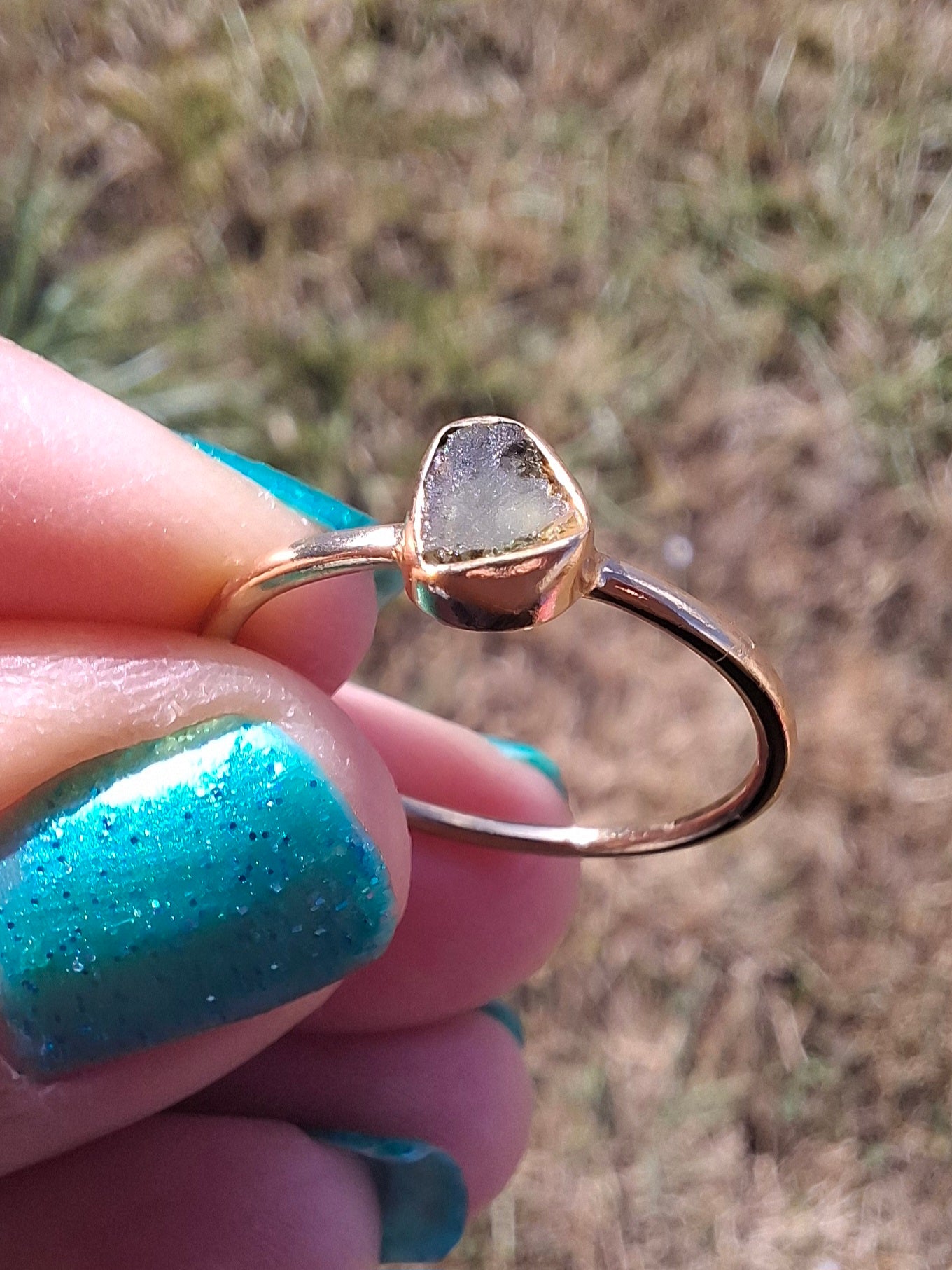 Moldavite Ring,14K GOLD Plated, size large O, Tektite (Ref: R344)