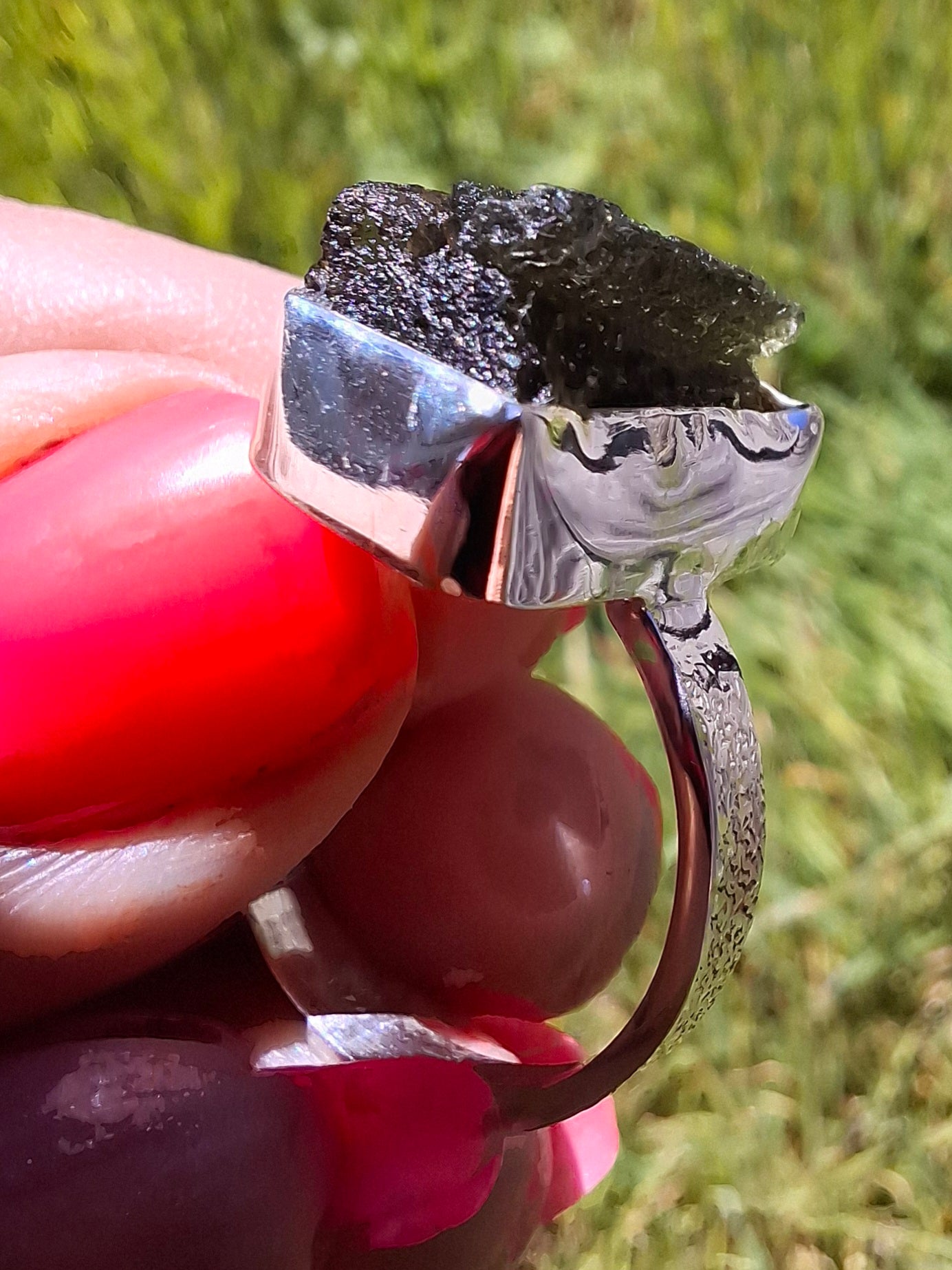 Moldavite Ring, size U, 925 Silver, Tektite (Ref: R324)