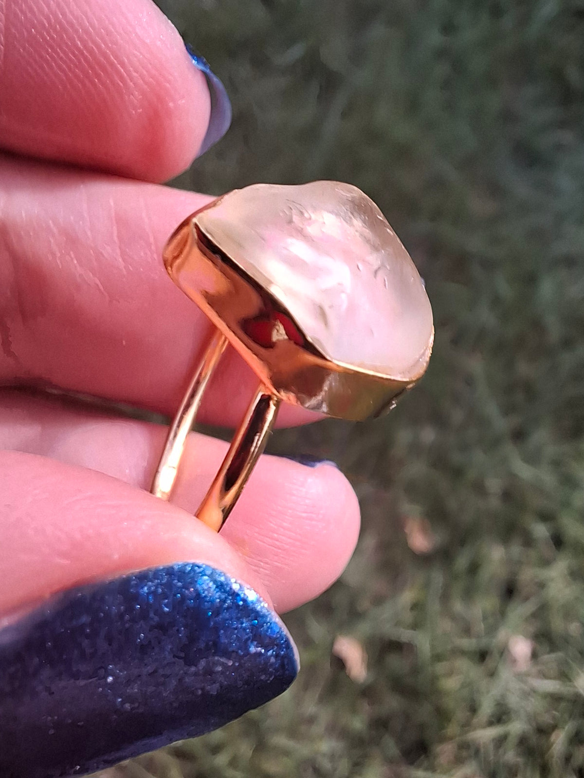 Libyan Desert Glass Ring, 14K GOLD Plated, size large P, Tektite (Ref: LR67)