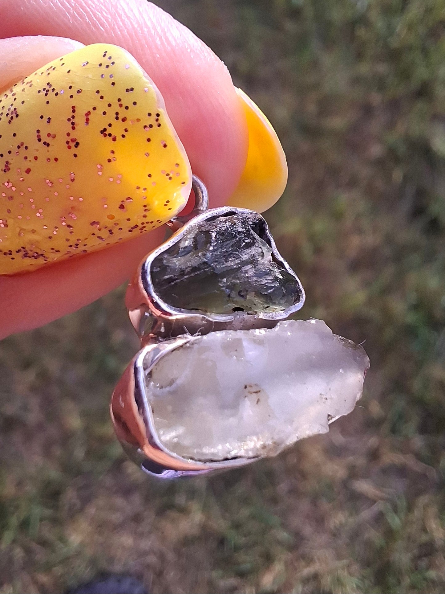 Moldavite & Libyan Desert Glass Pendant, 925 Silver, Tektite (Ref: MLP11)
