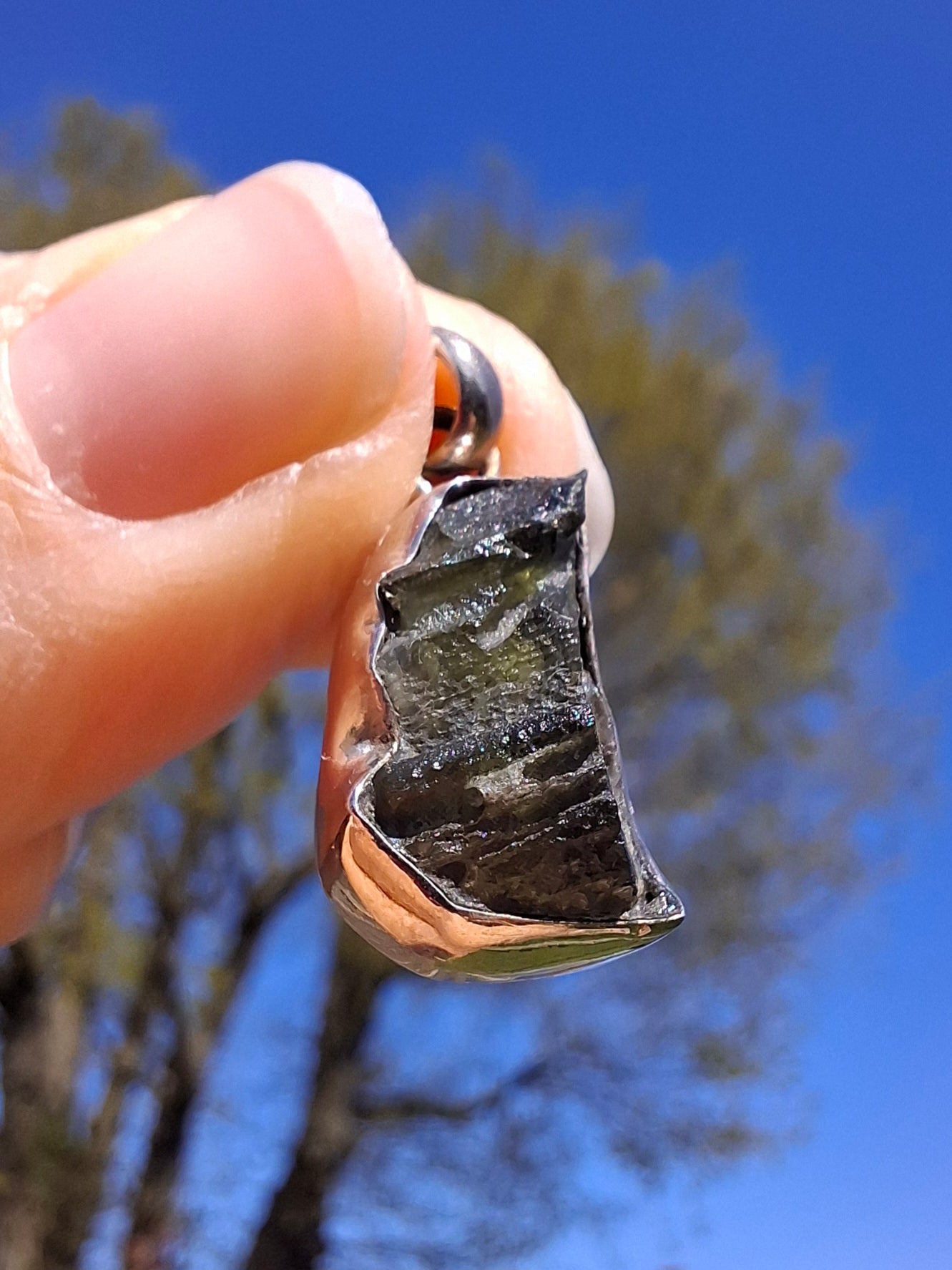 Moldavite Pendant, 925 silver, Tektite (Ref: P3)