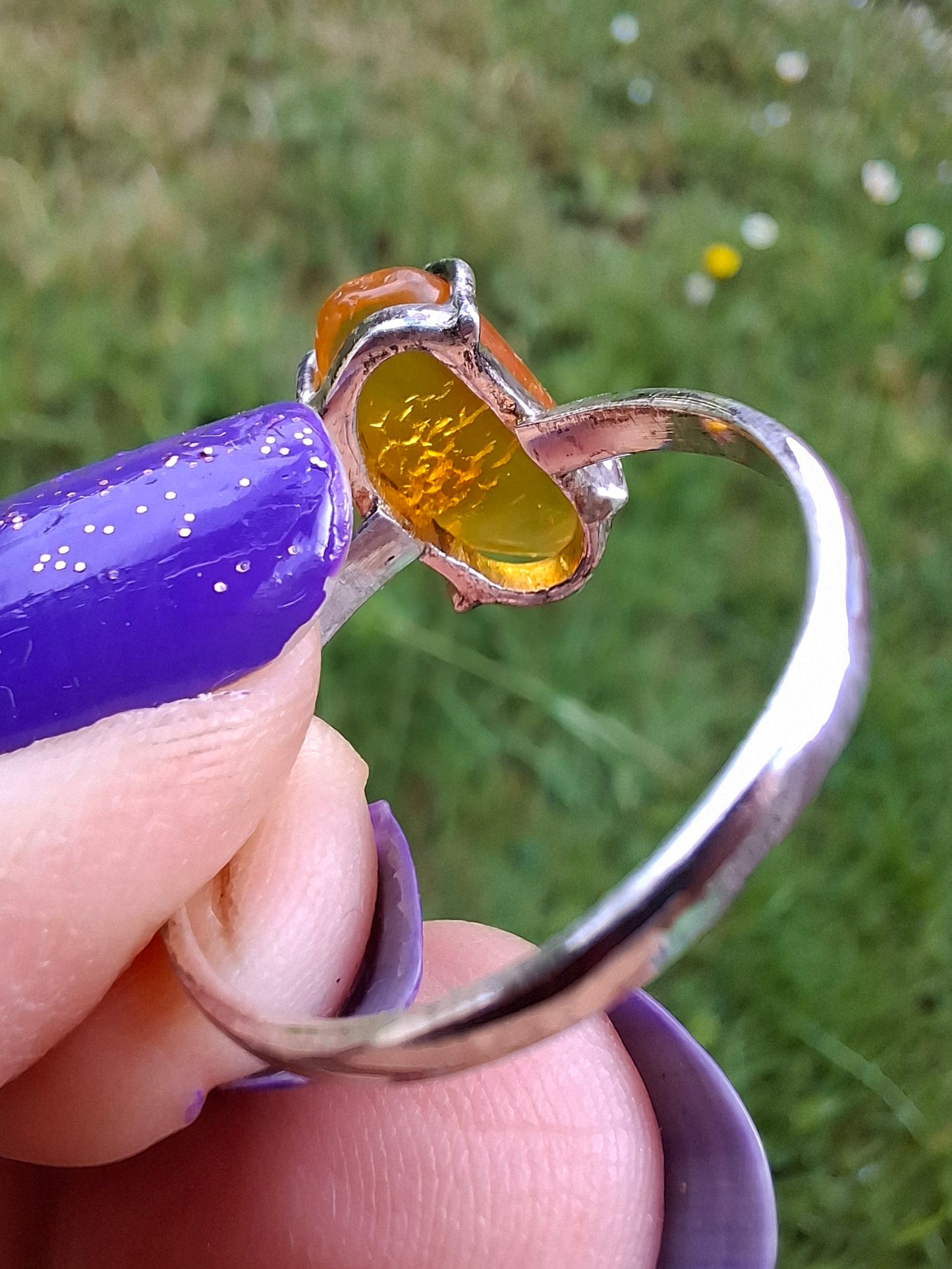 Baltic Amber Ring, size large T, 925 Silver, Fossil (Ref: AR18)