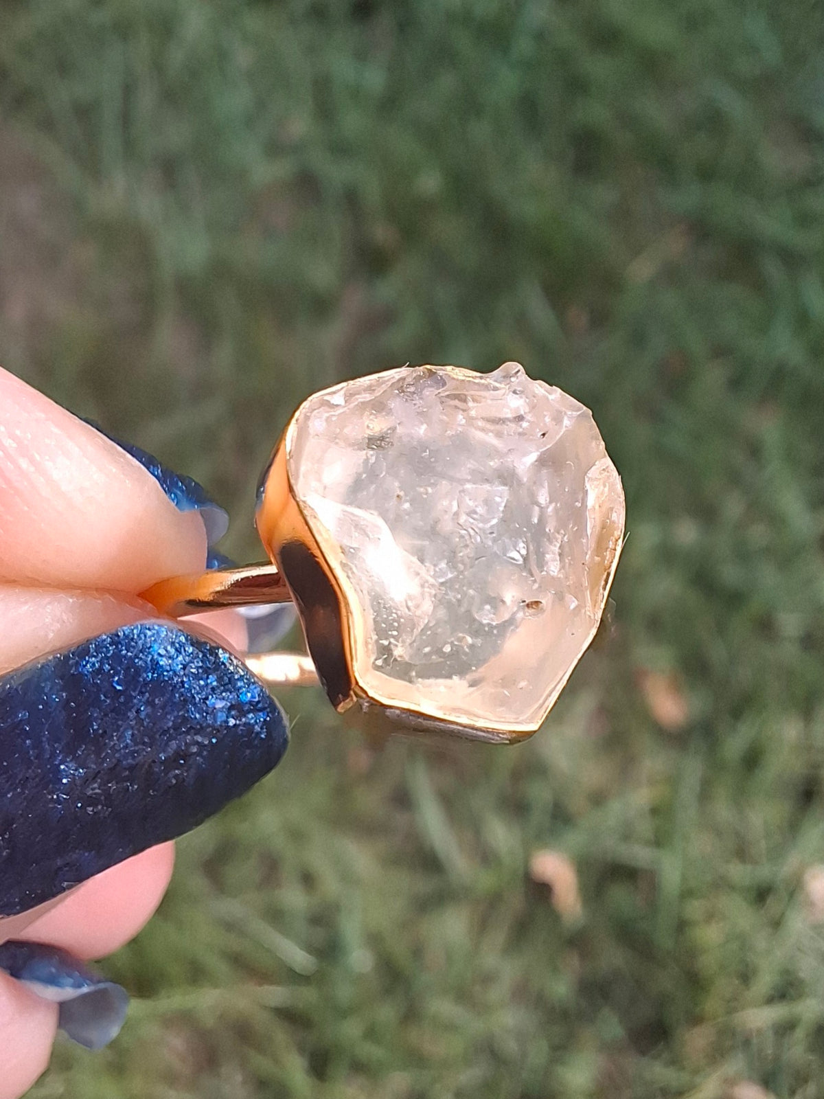 Libyan Desert Glass Ring, 14K GOLD Plated, size large N, Tektite (Ref: LR75)