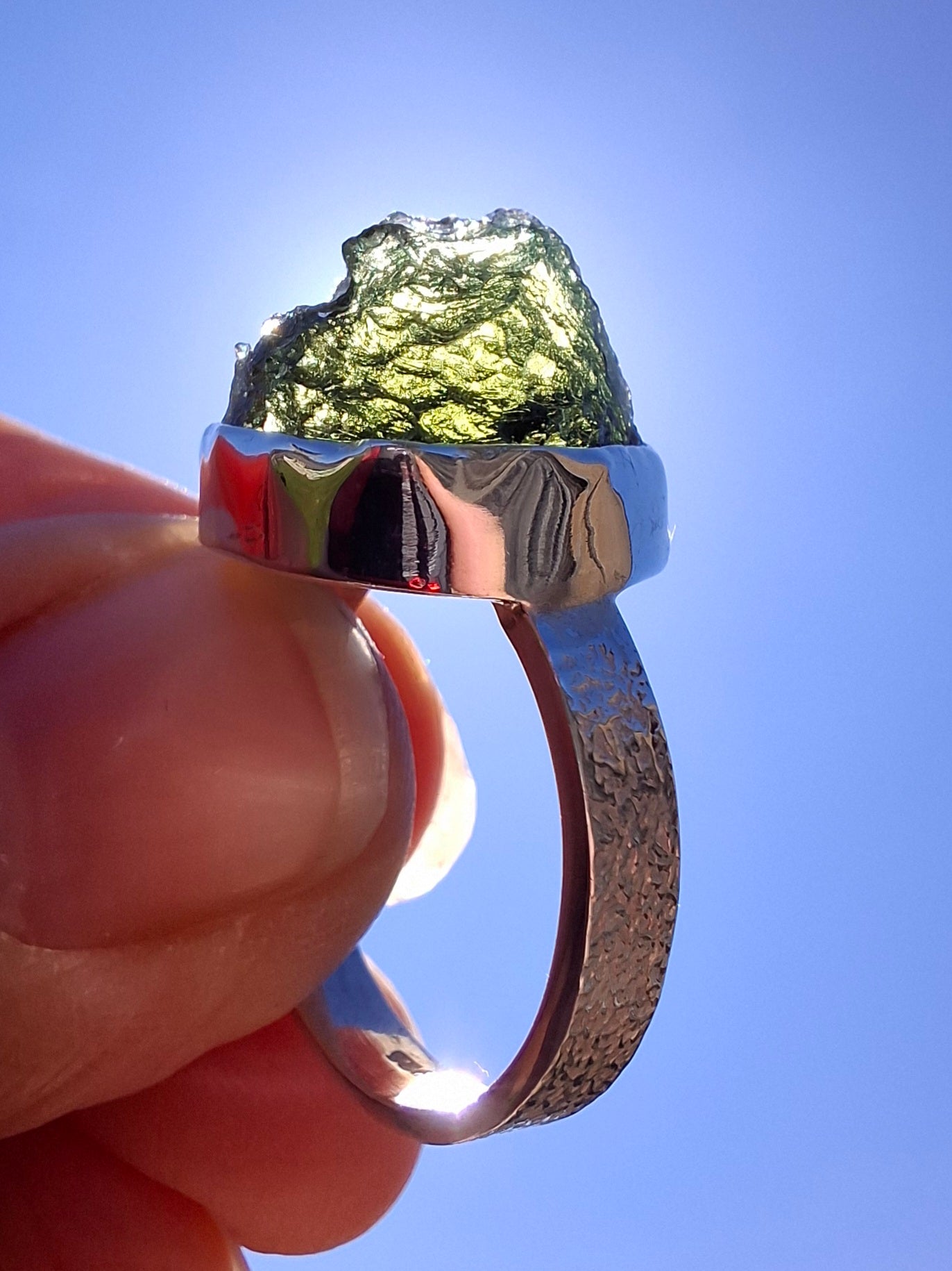 Moldavite Ring, size O, 925 Silver, Tektite (Ref: R312)