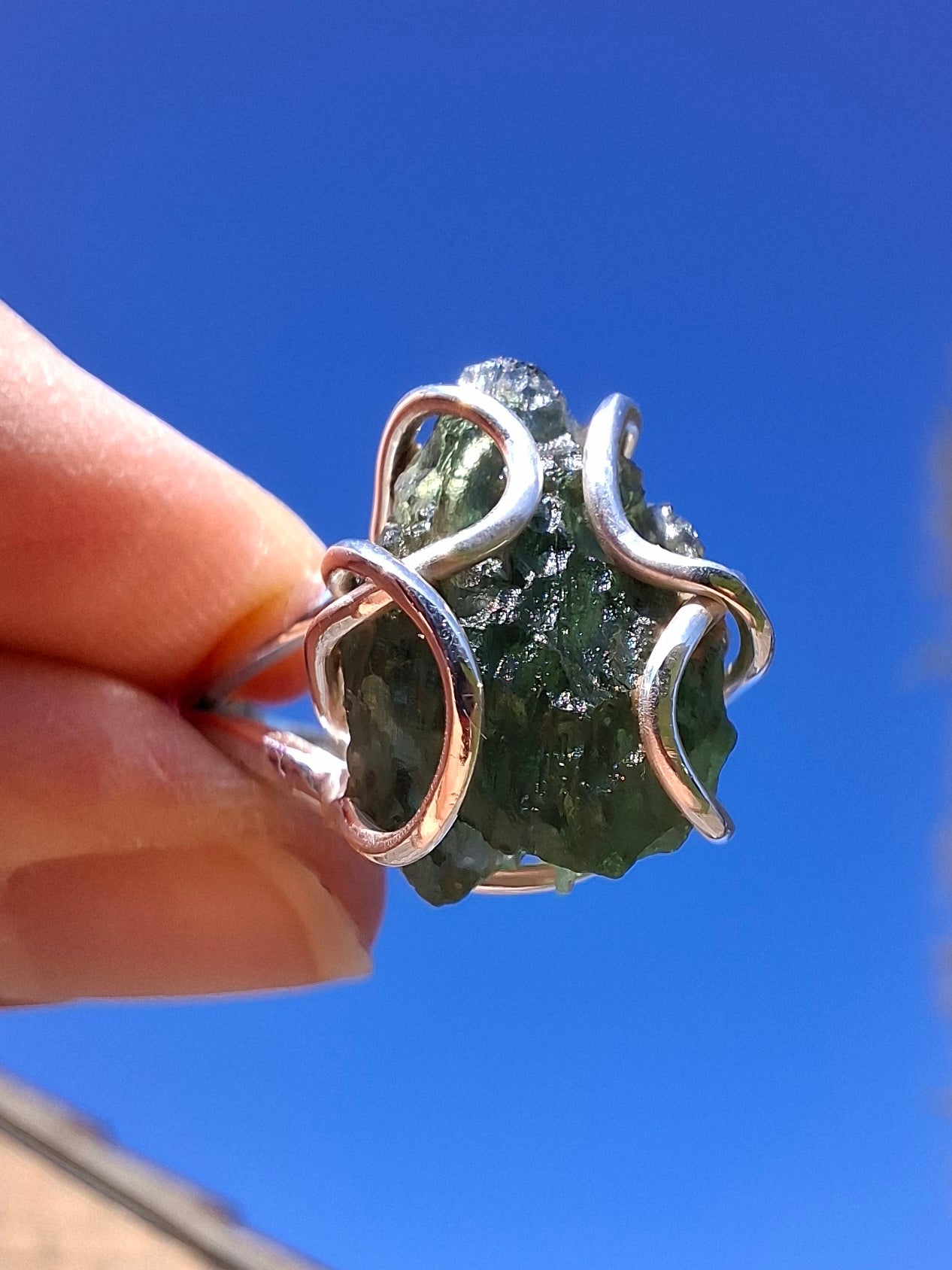 Moldavite Ring, size O, 925 Silver, Tektite (Ref: R7)