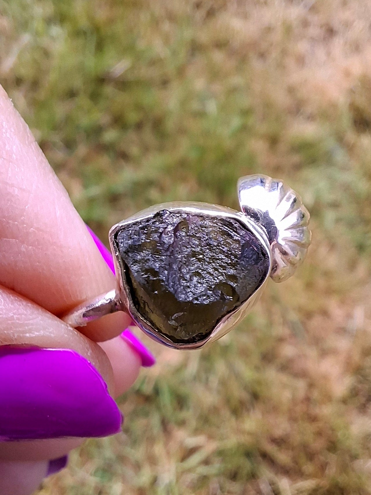 Moldavite ADJUSTABLE Ring, size large V/small W, 925 Silver, Tektite (Ref: AR51)